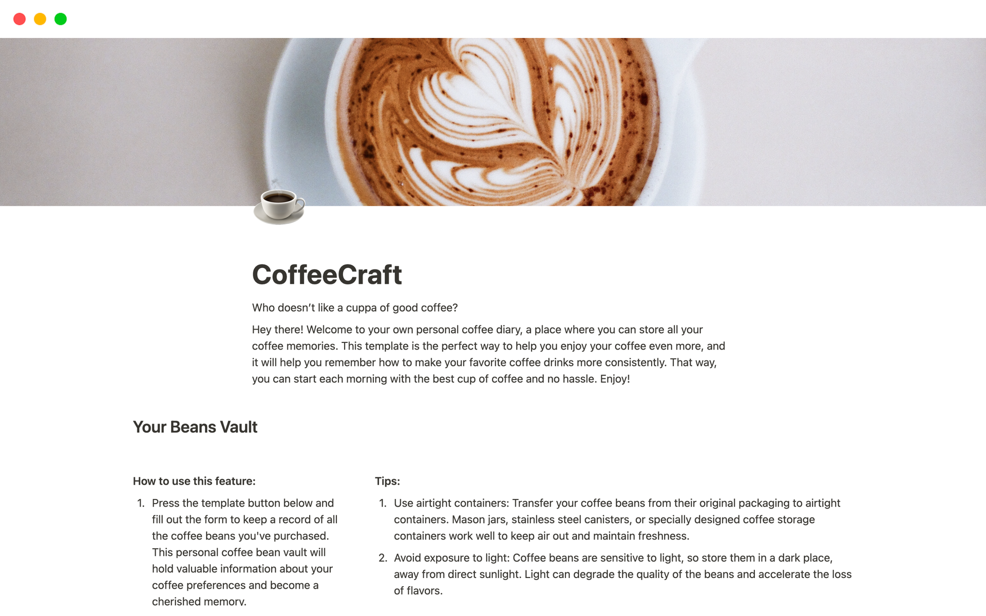 En förhandsgranskning av mallen för CoffeeCraft