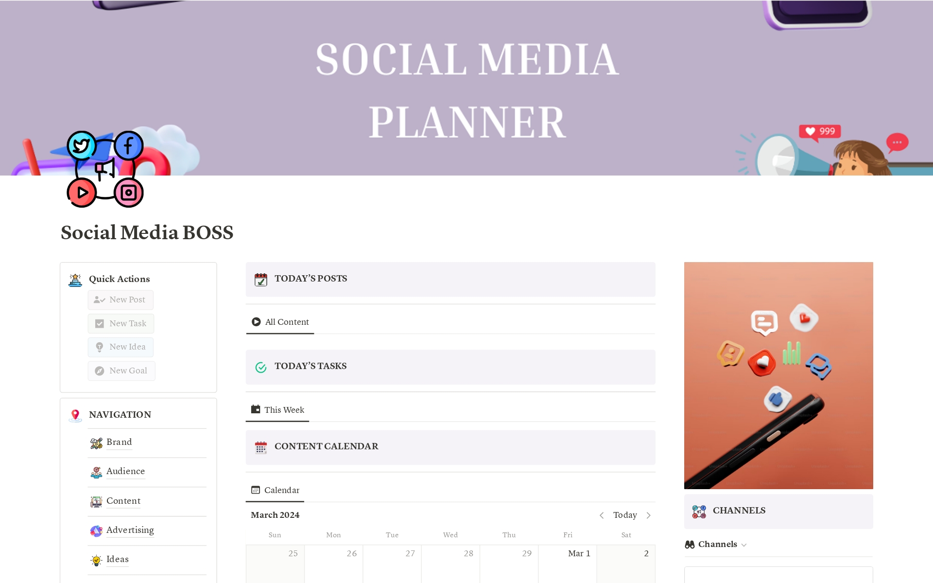 Vista previa de una plantilla para Social Media Planner