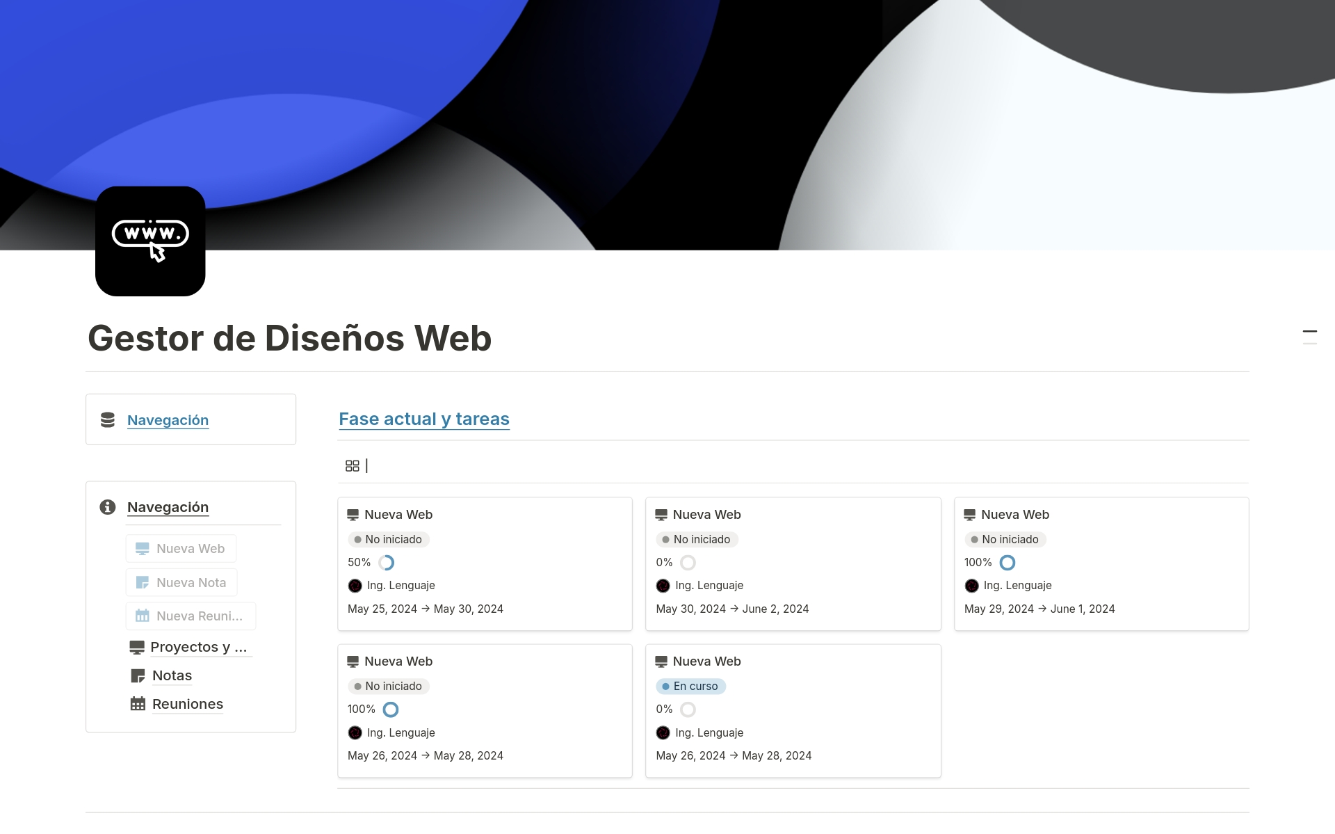 En förhandsgranskning av mallen för Gestor de Diseños Web