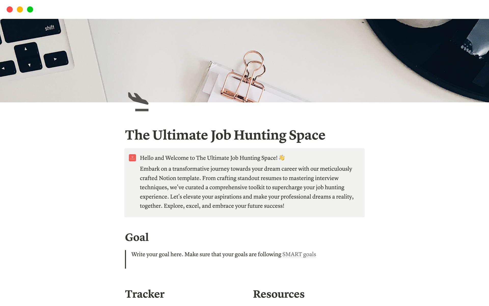 En förhandsgranskning av mallen för The Ultimate Job Hunting Space
