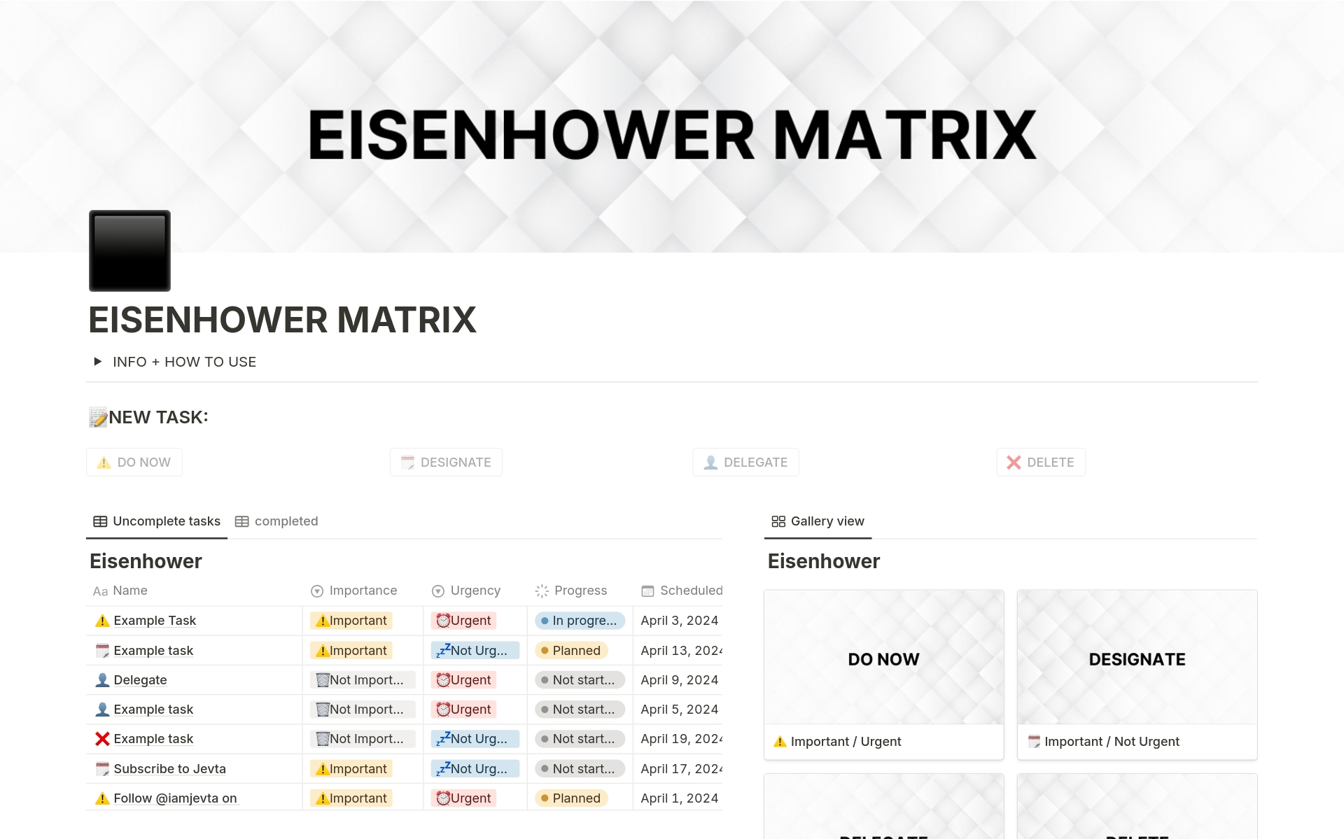 Vista previa de una plantilla para Eisenhower Matrix Task Manager