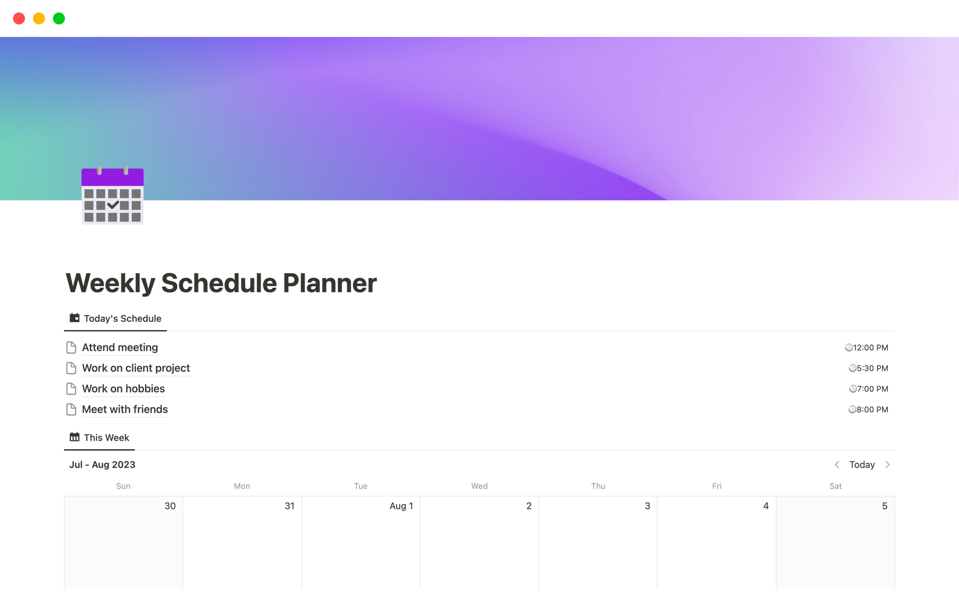 Vista previa de una plantilla para Weekly Schedule Planner