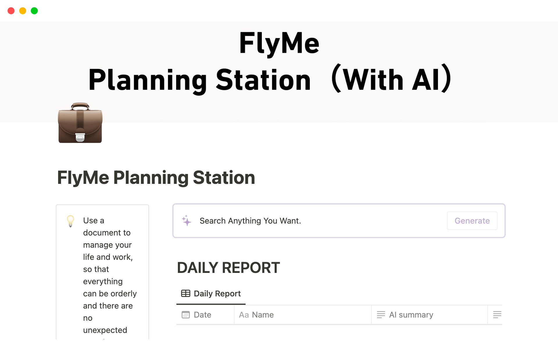 En forhåndsvisning av mal for FlyMe Planning Station
