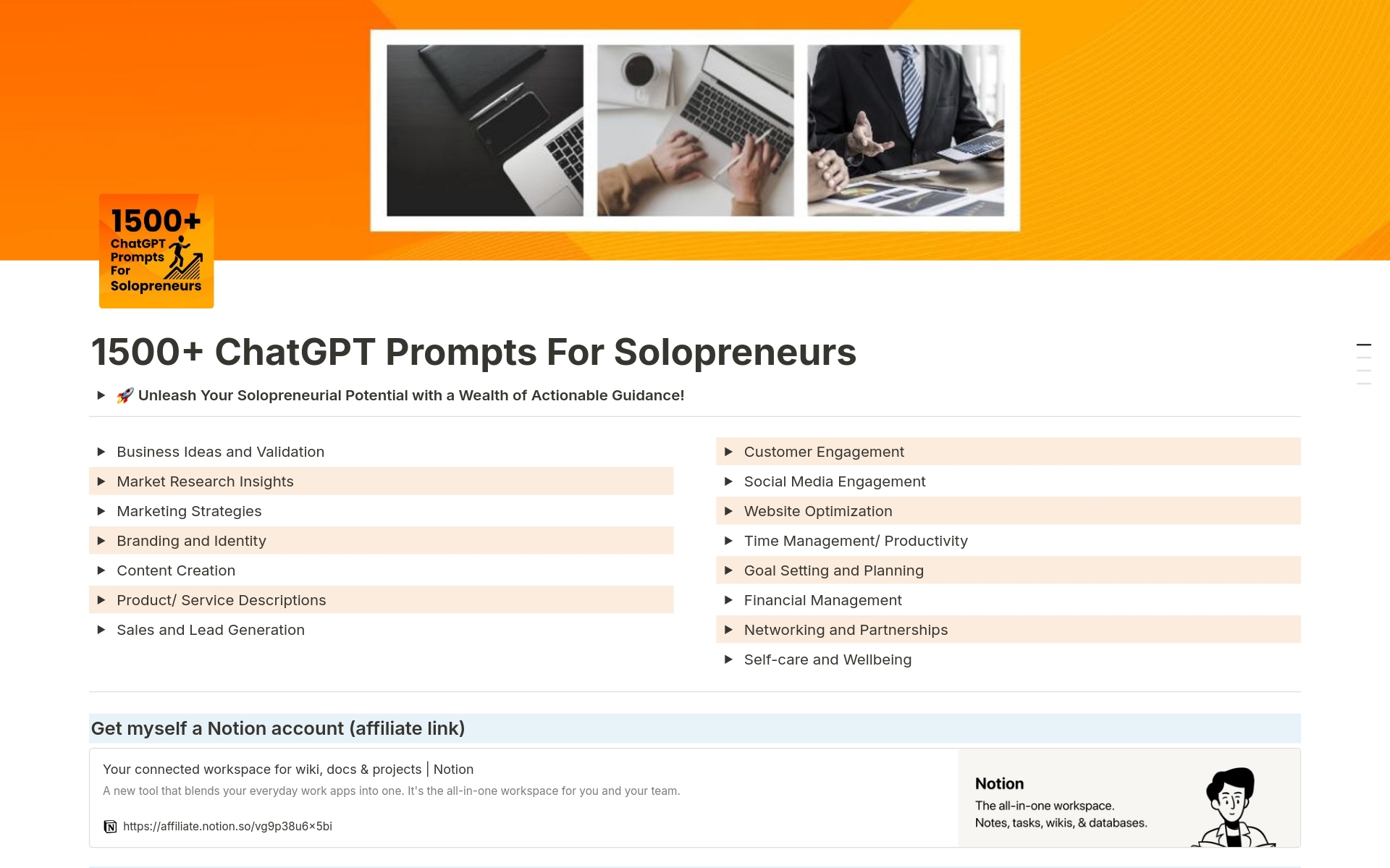 Eine Vorlagenvorschau für 1500+ ChatGPT Prompts For Solopreneurs