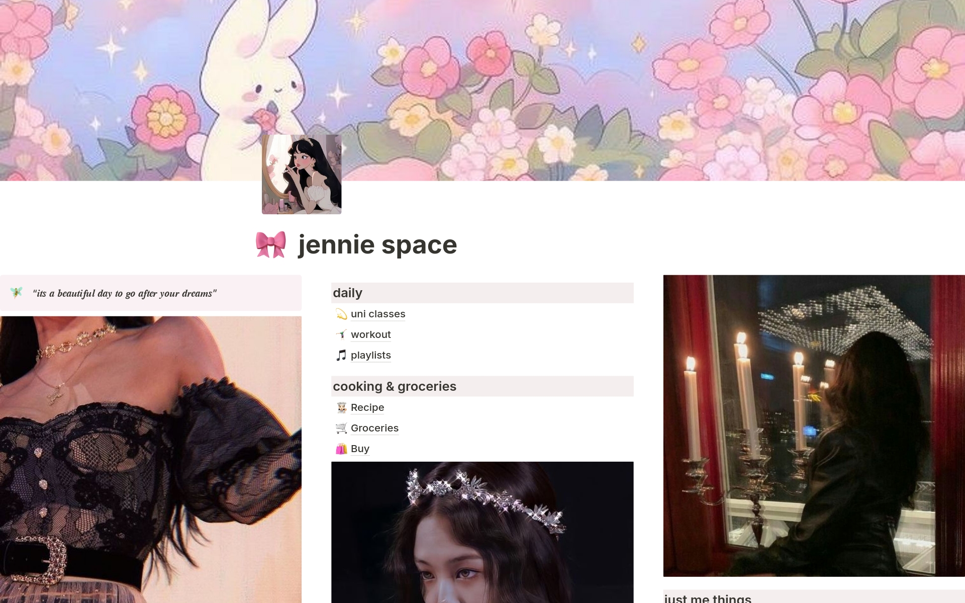 A template preview for Jennie space - personal life dashboard