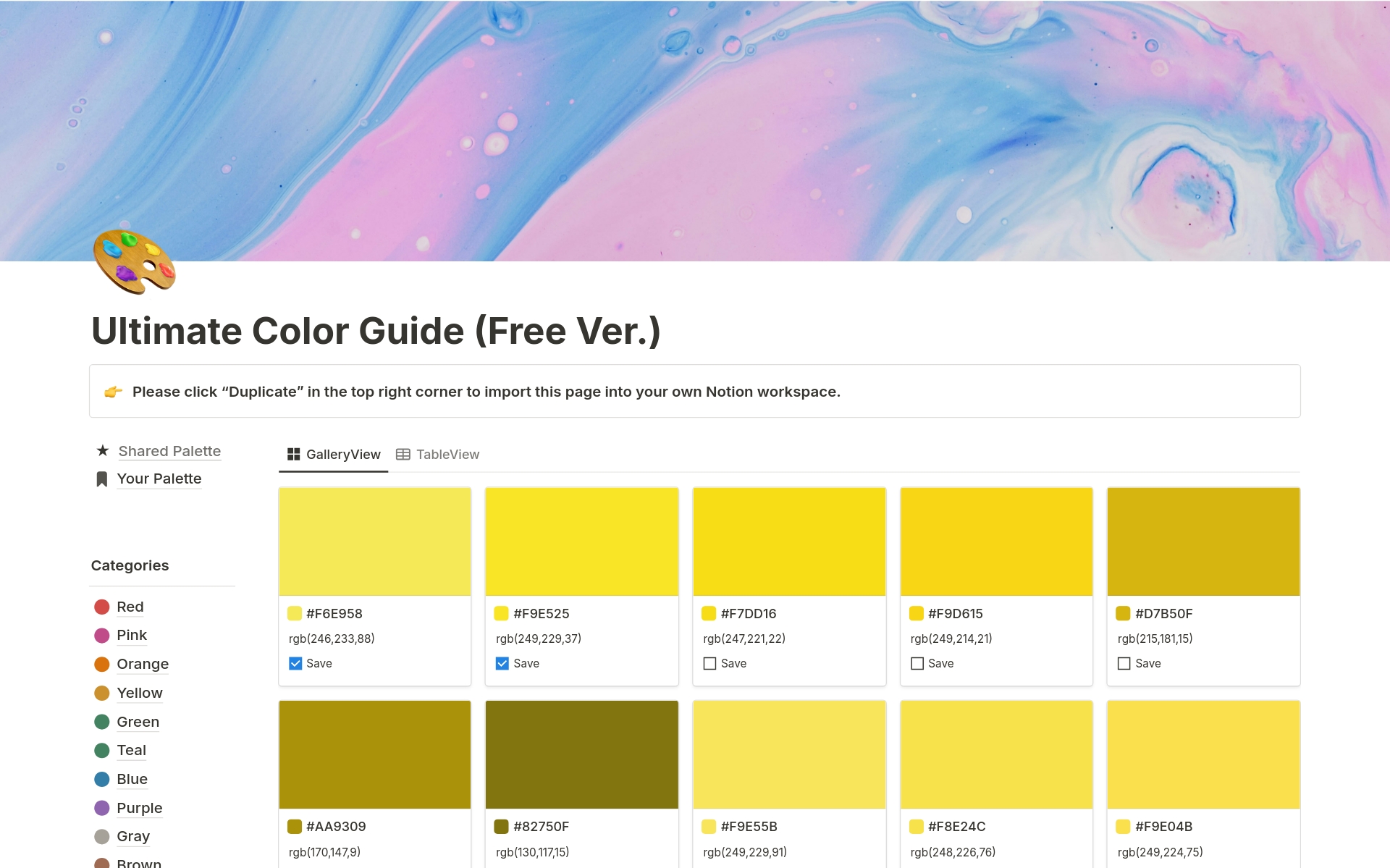 En forhåndsvisning av mal for Ultimate Color Guide