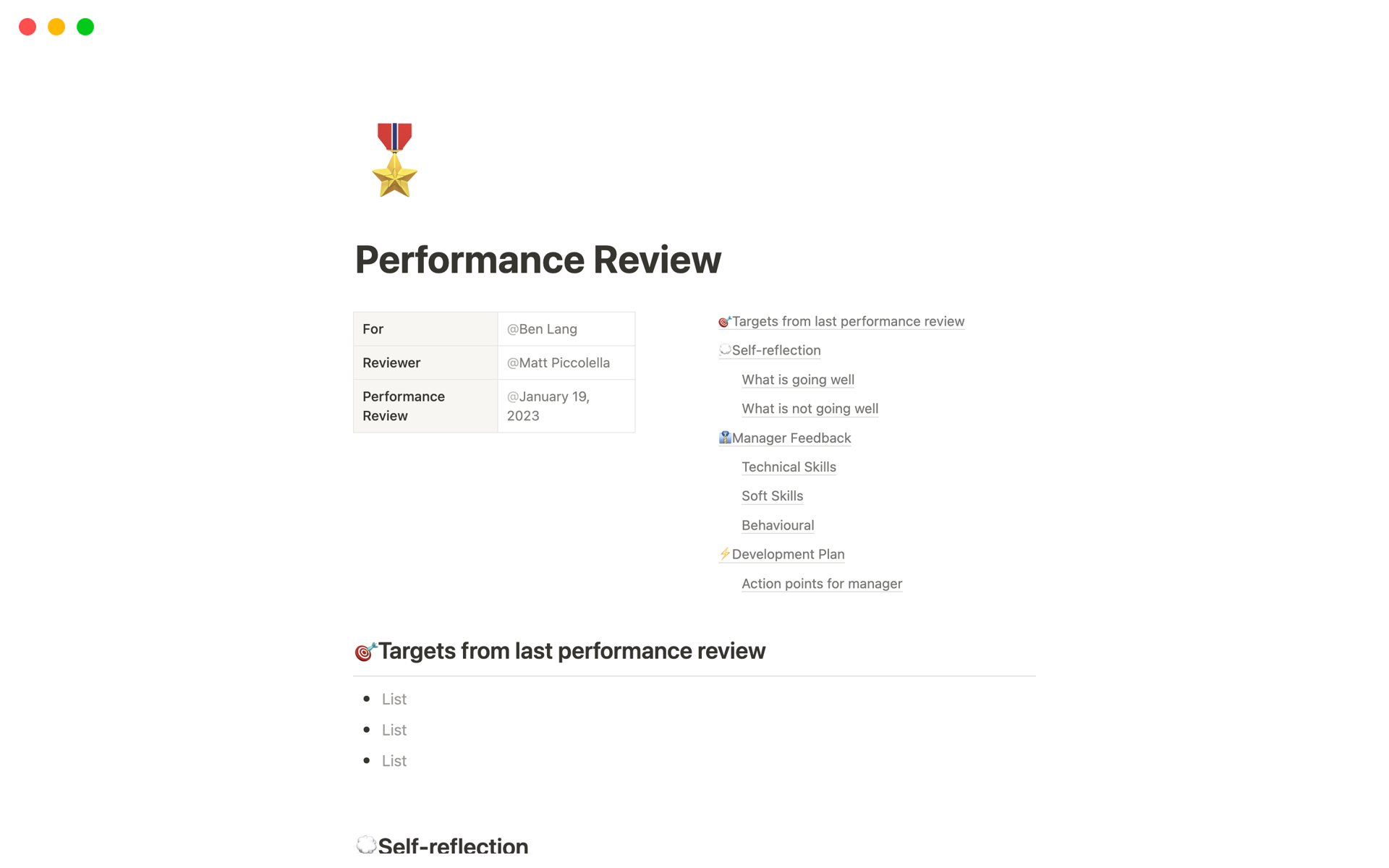 En förhandsgranskning av mallen för Performance Review