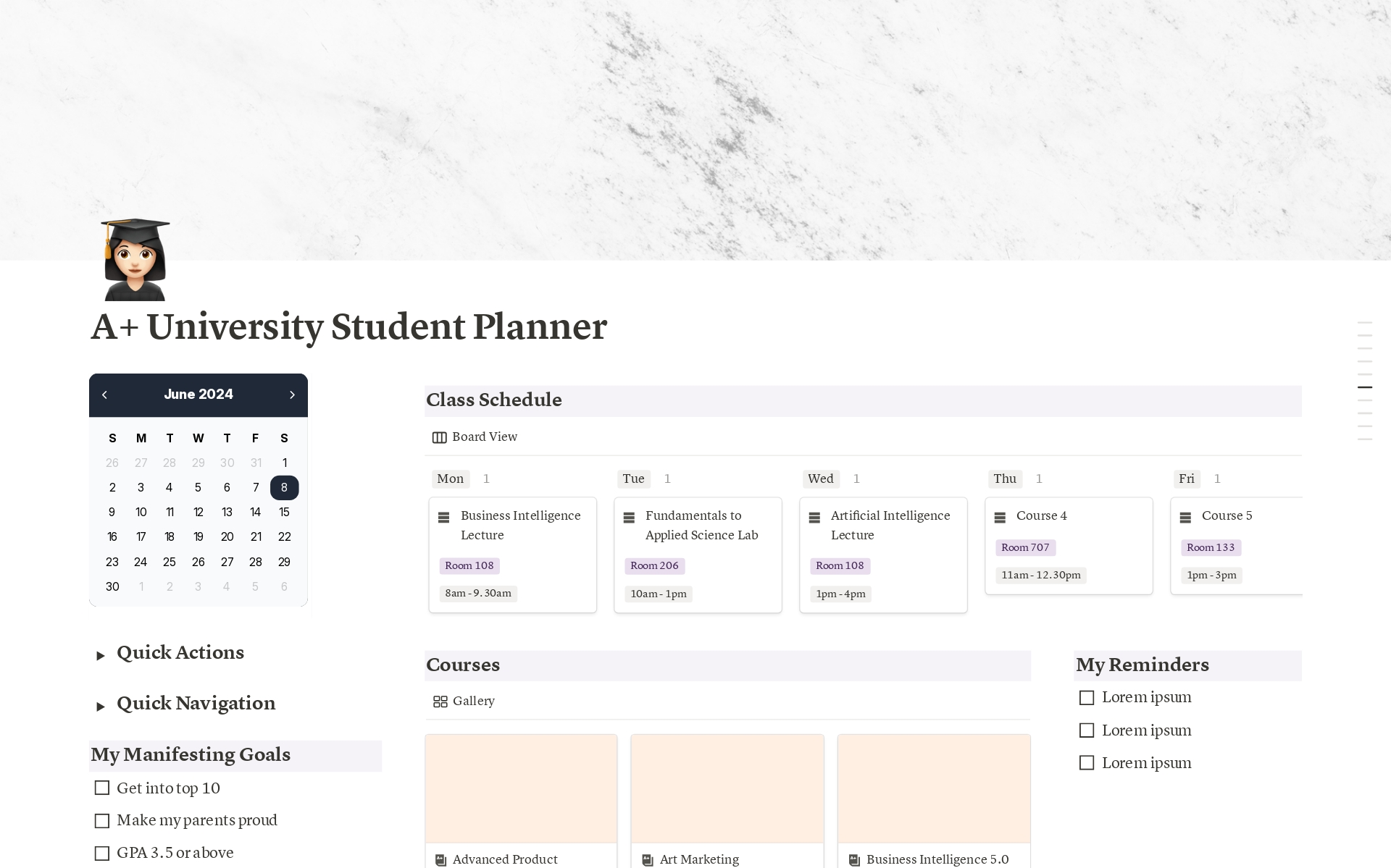 En forhåndsvisning av mal for A+ University Student Planner