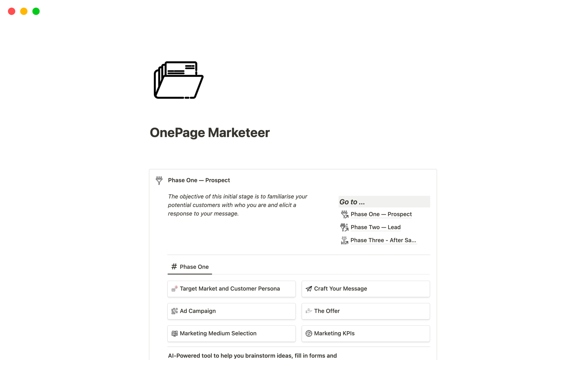 En forhåndsvisning av mal for OnePage Marketeer