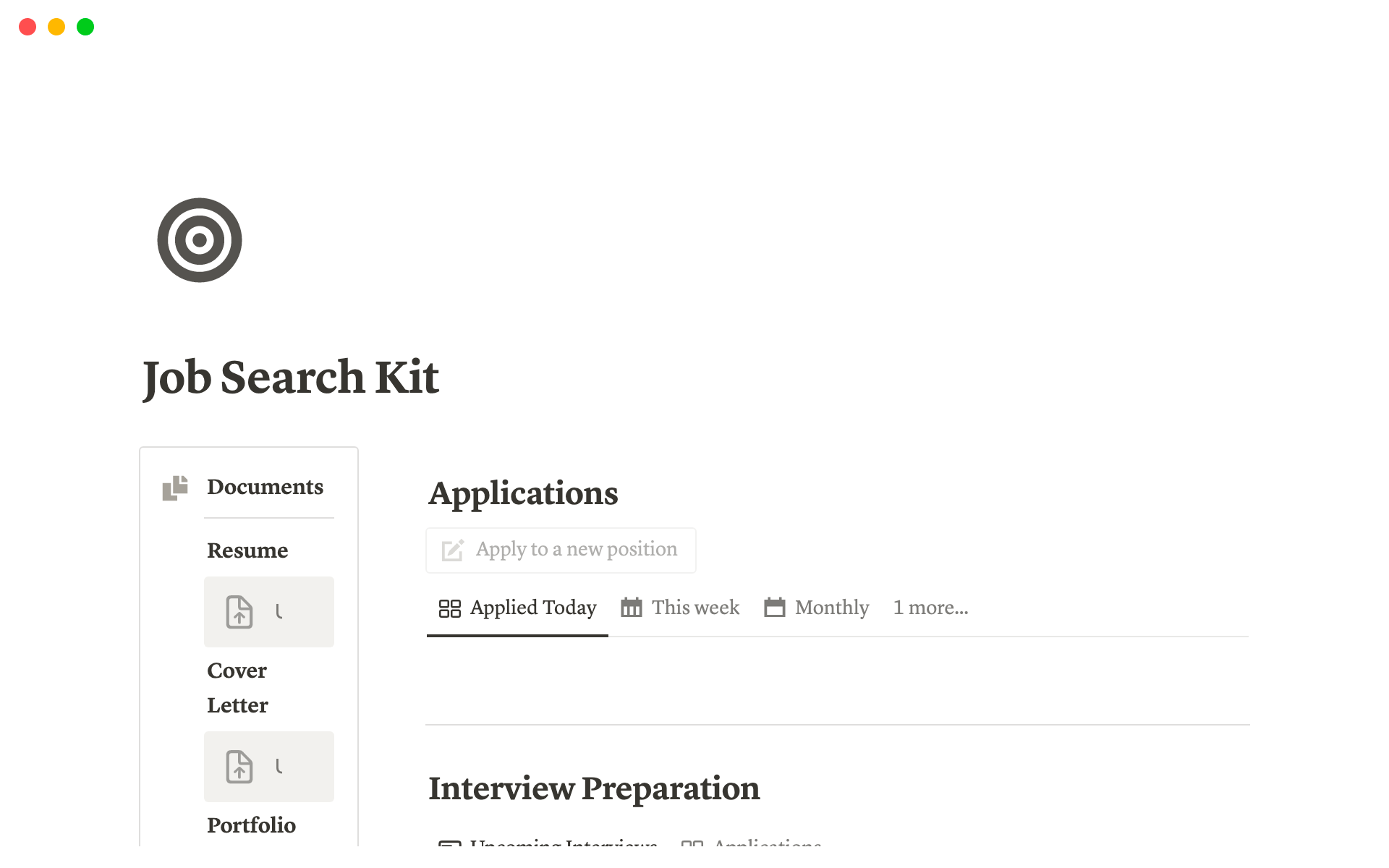 En förhandsgranskning av mallen för Notion Job Search Kit