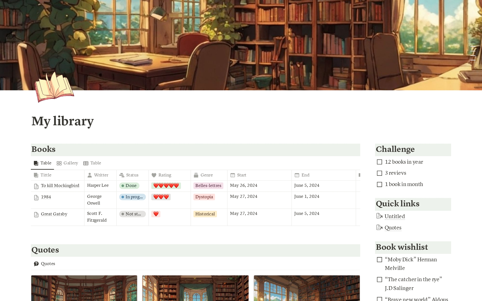 A template preview for Cozy reading tracker