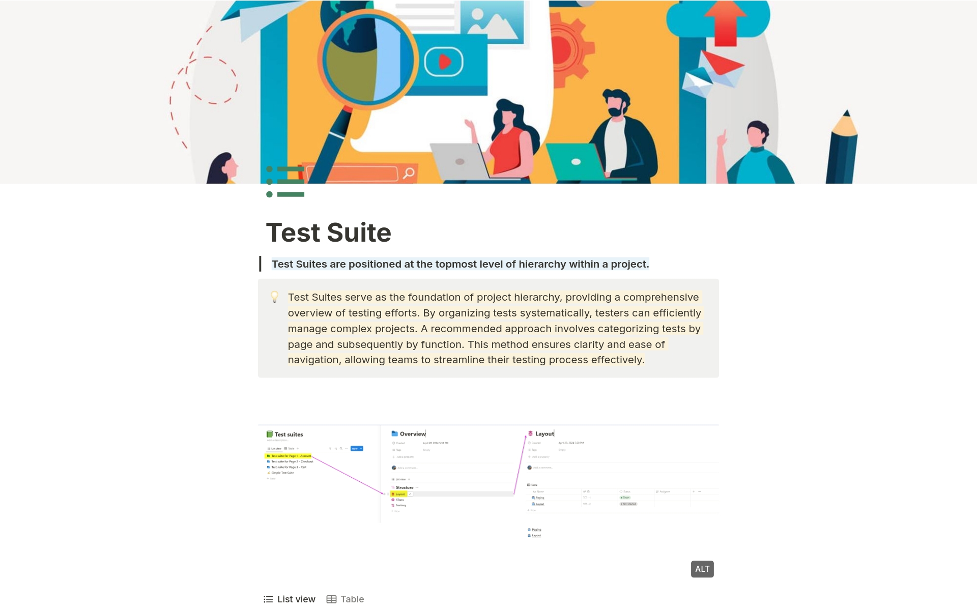 Optimize your testing process with our intuitive Notion template for organized test suites, categorizing tests by page and function for streamlined workflow.
