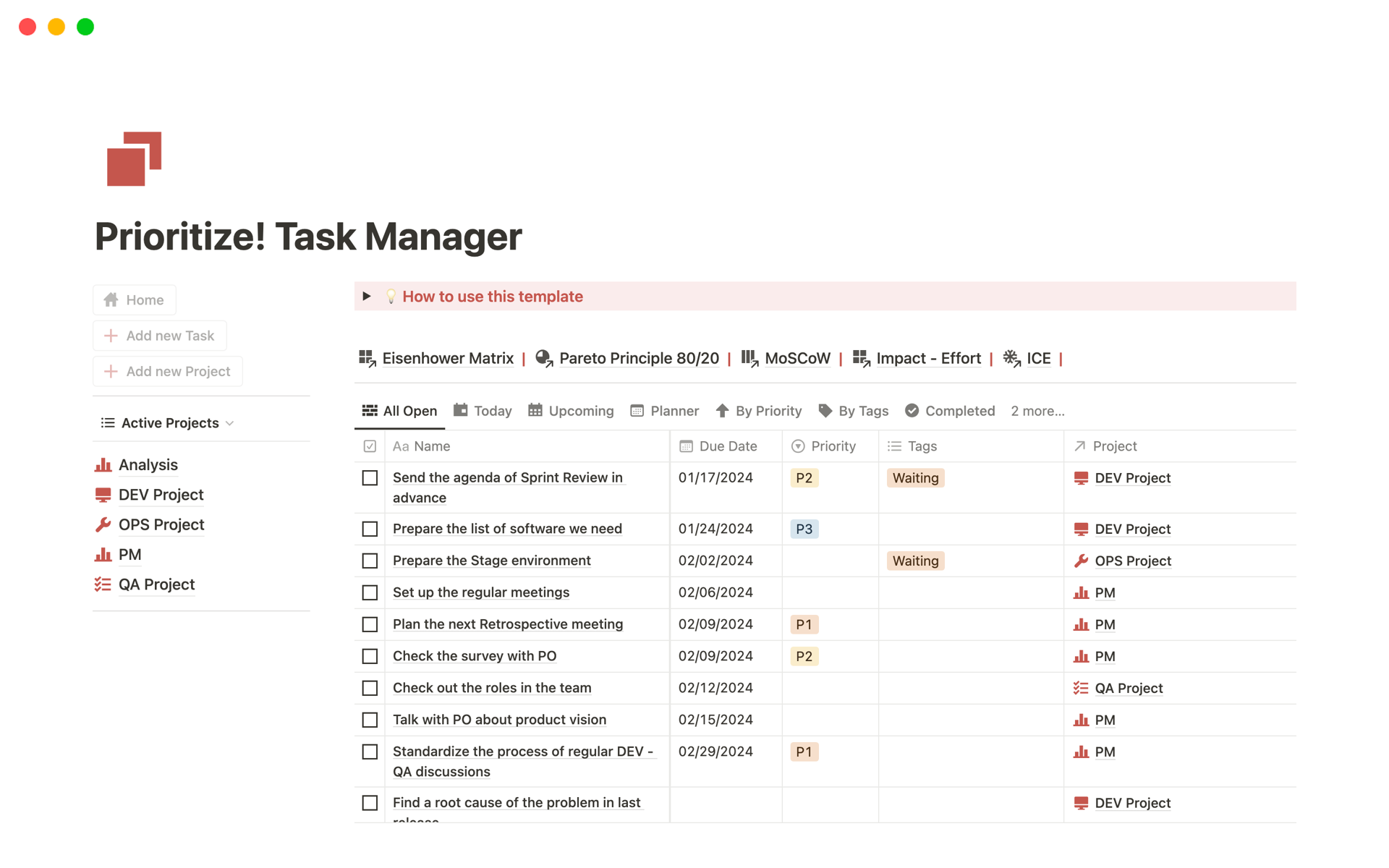En forhåndsvisning av mal for Prioritize! Task Manager