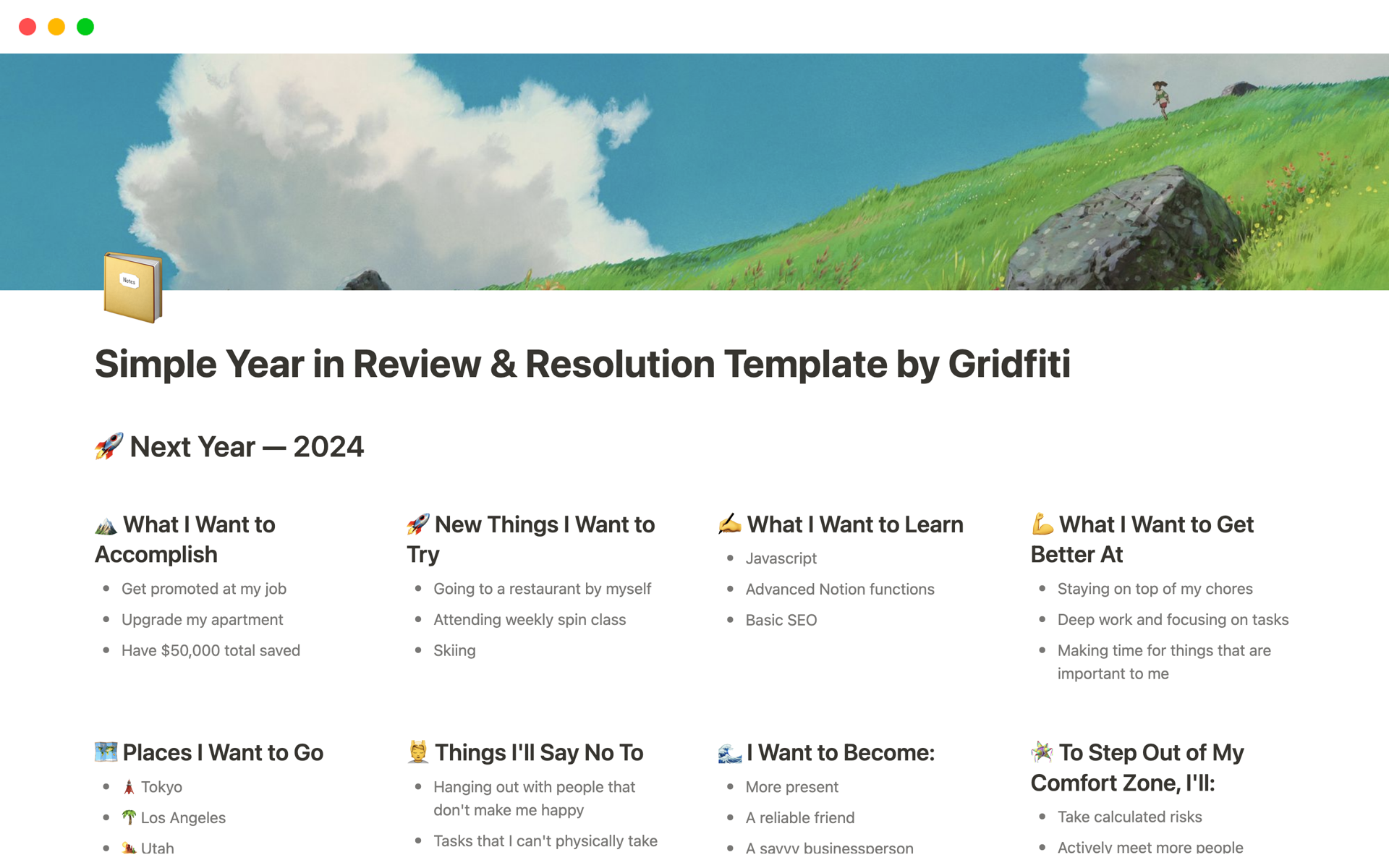 En förhandsgranskning av mallen för Simple Year in Review & Resolution Template
