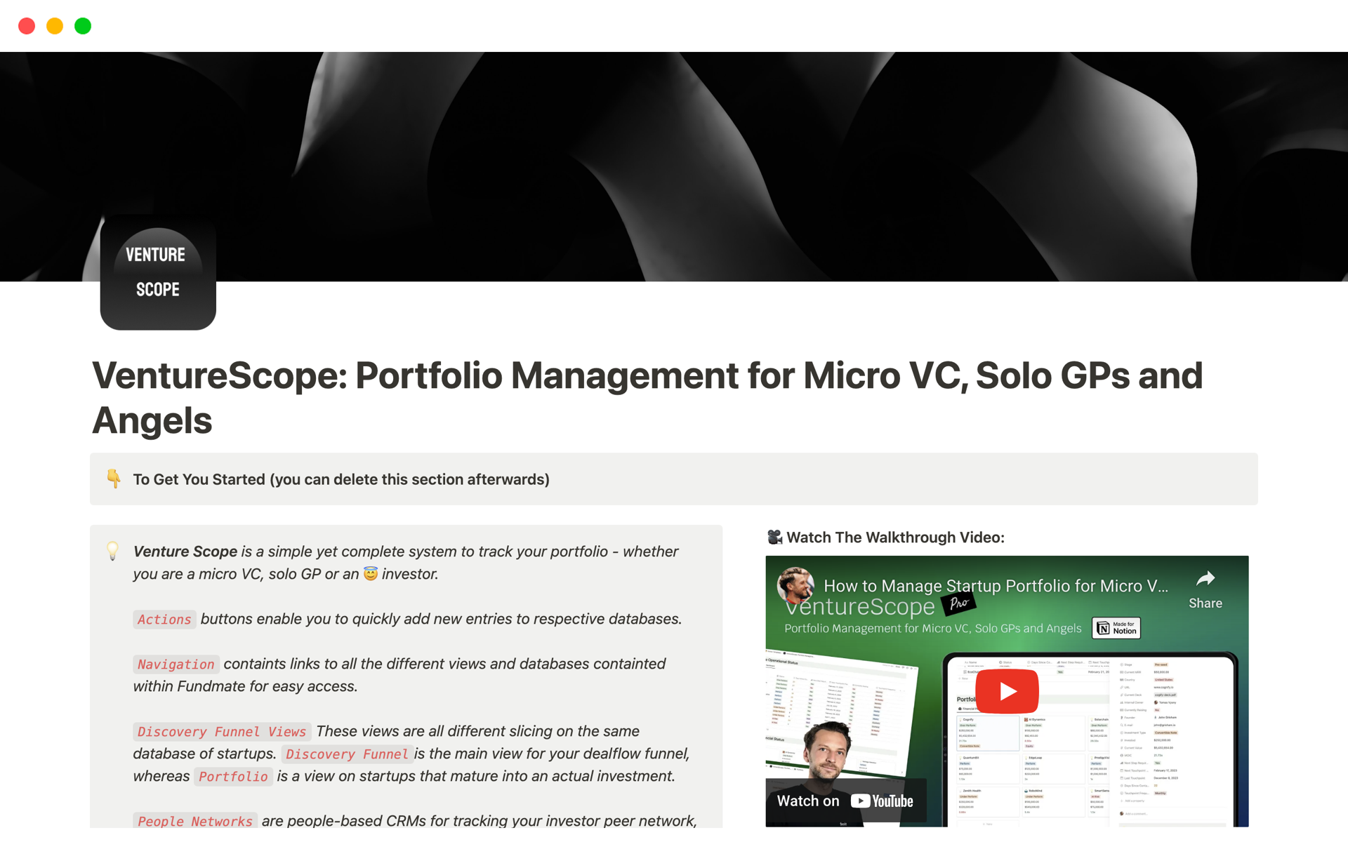 VentureScope streamlines management of portfolio investments (startups) for Micro VCs, Solo GPs, and Angel Investors.

