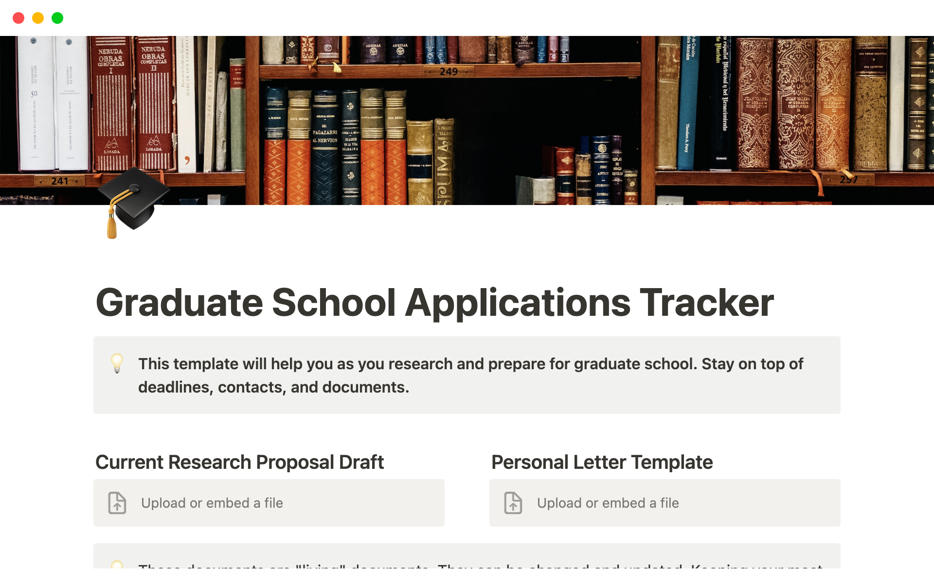 En förhandsgranskning av mallen för Graduate School Applications Tracker