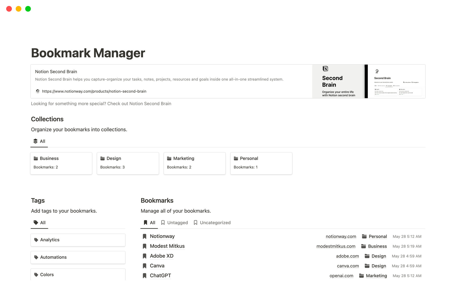 Vista previa de una plantilla para Bookmark Manager