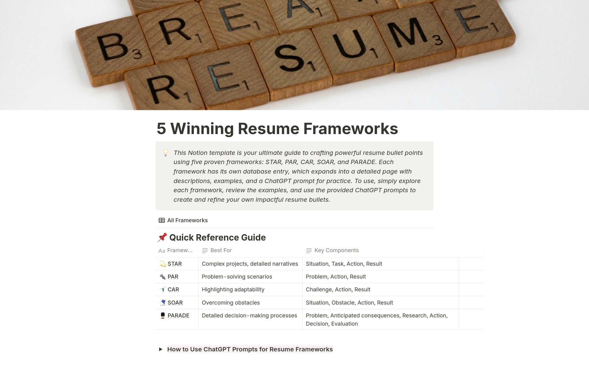Master 5 powerful resume frameworks to craft compelling job applications. Perfect for job seekers and career coaches alike. Includes STAR, PAR, CAR, SOAR, and PARADE methods with examples, tips, and AI-powered prompts for each framework.
