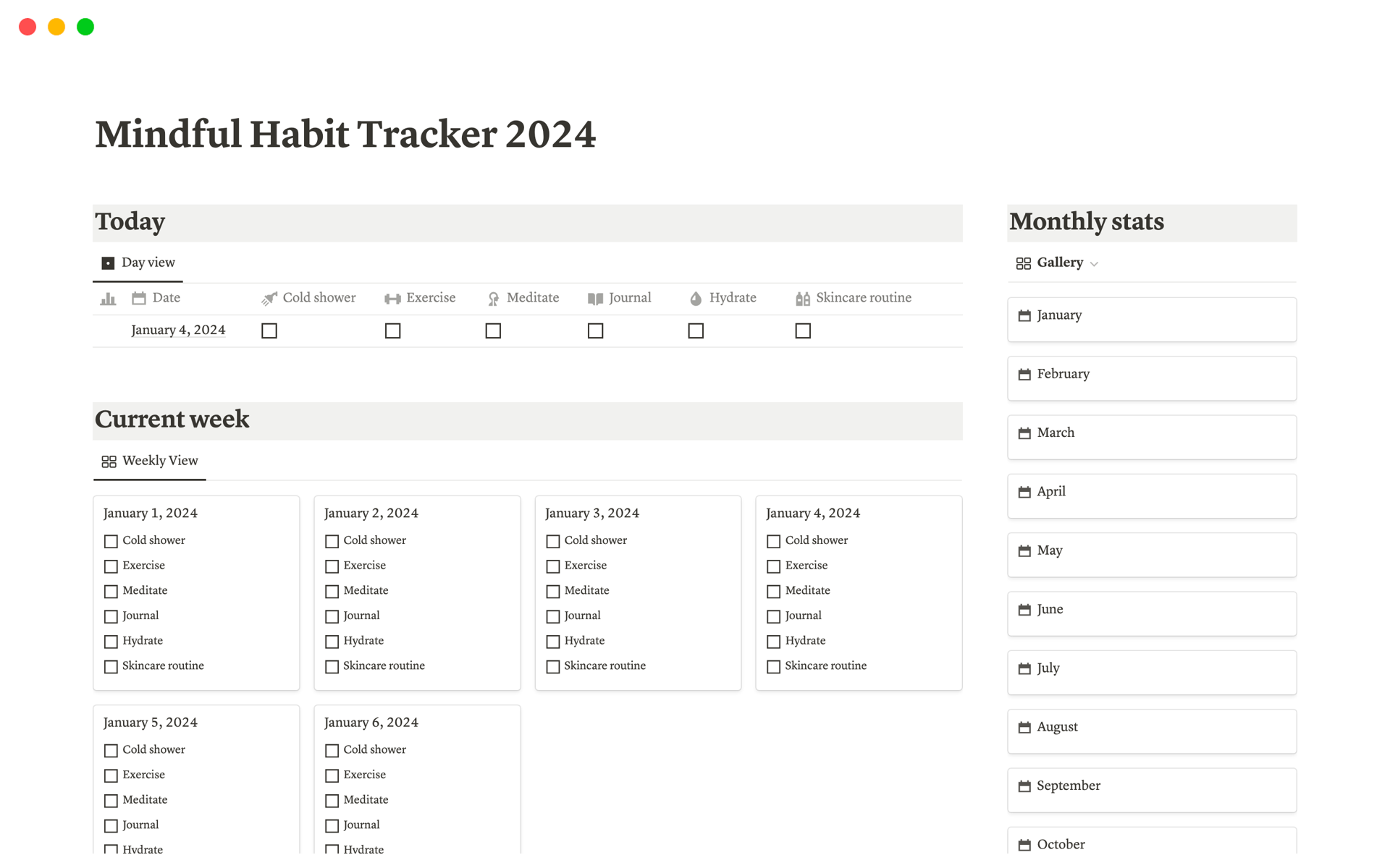 Vista previa de una plantilla para Mindful Habit Tracker 2024