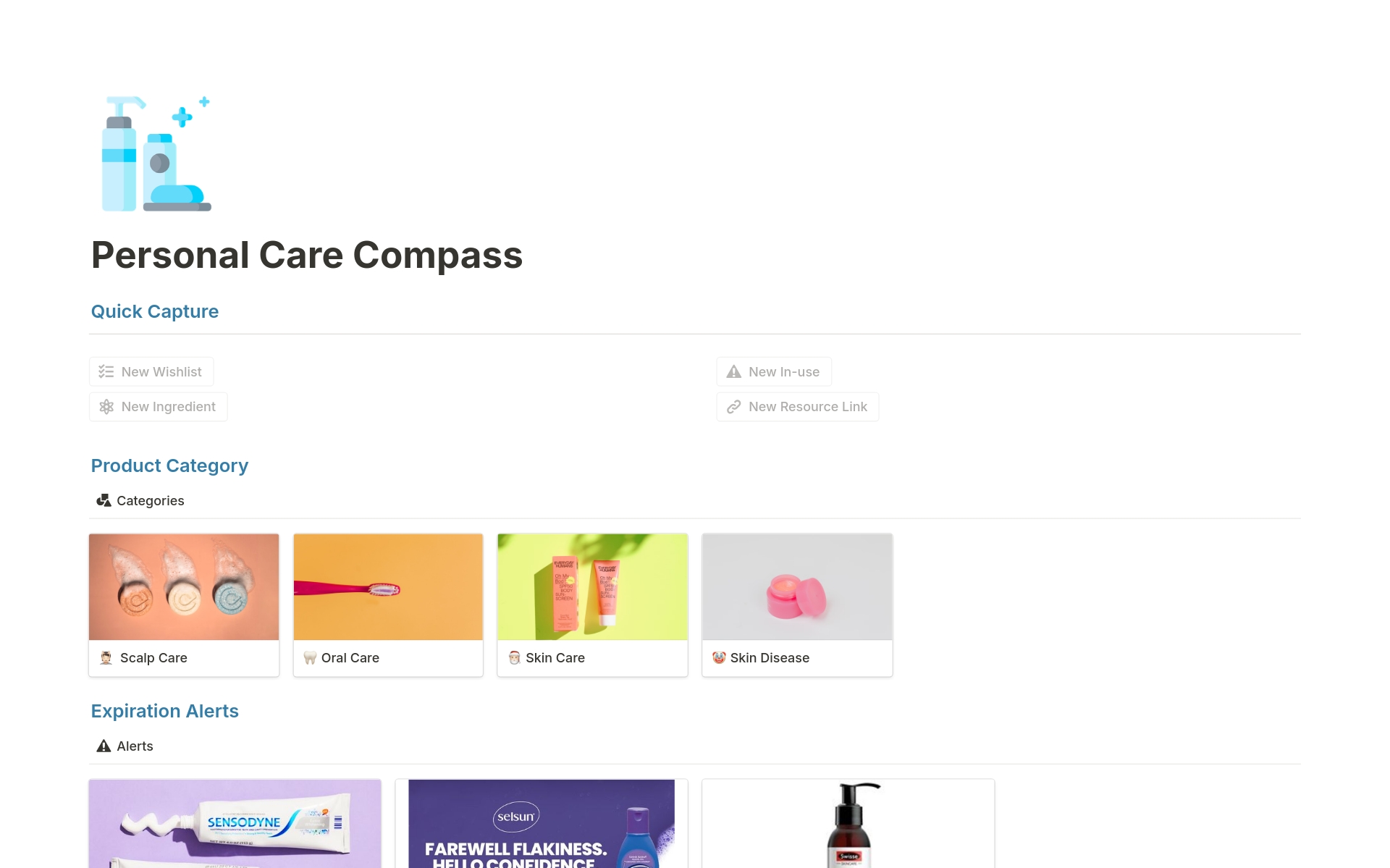 This comprehensive Notion template will help you manage and optimize your personal care products, ensuring you use the best products suited to your needs and stay on top of your personal care management effortlessly.
