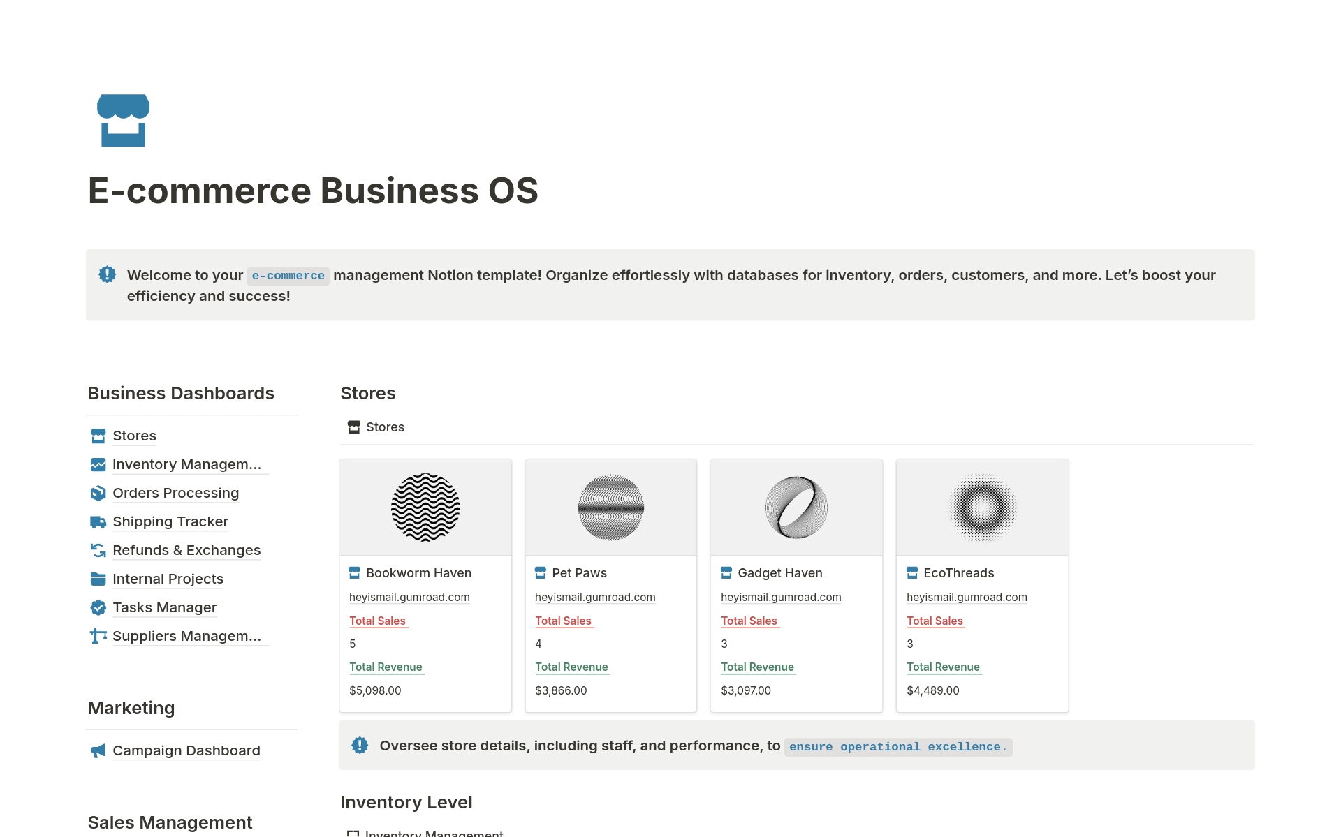 E-commerce Business OSのテンプレートのプレビュー