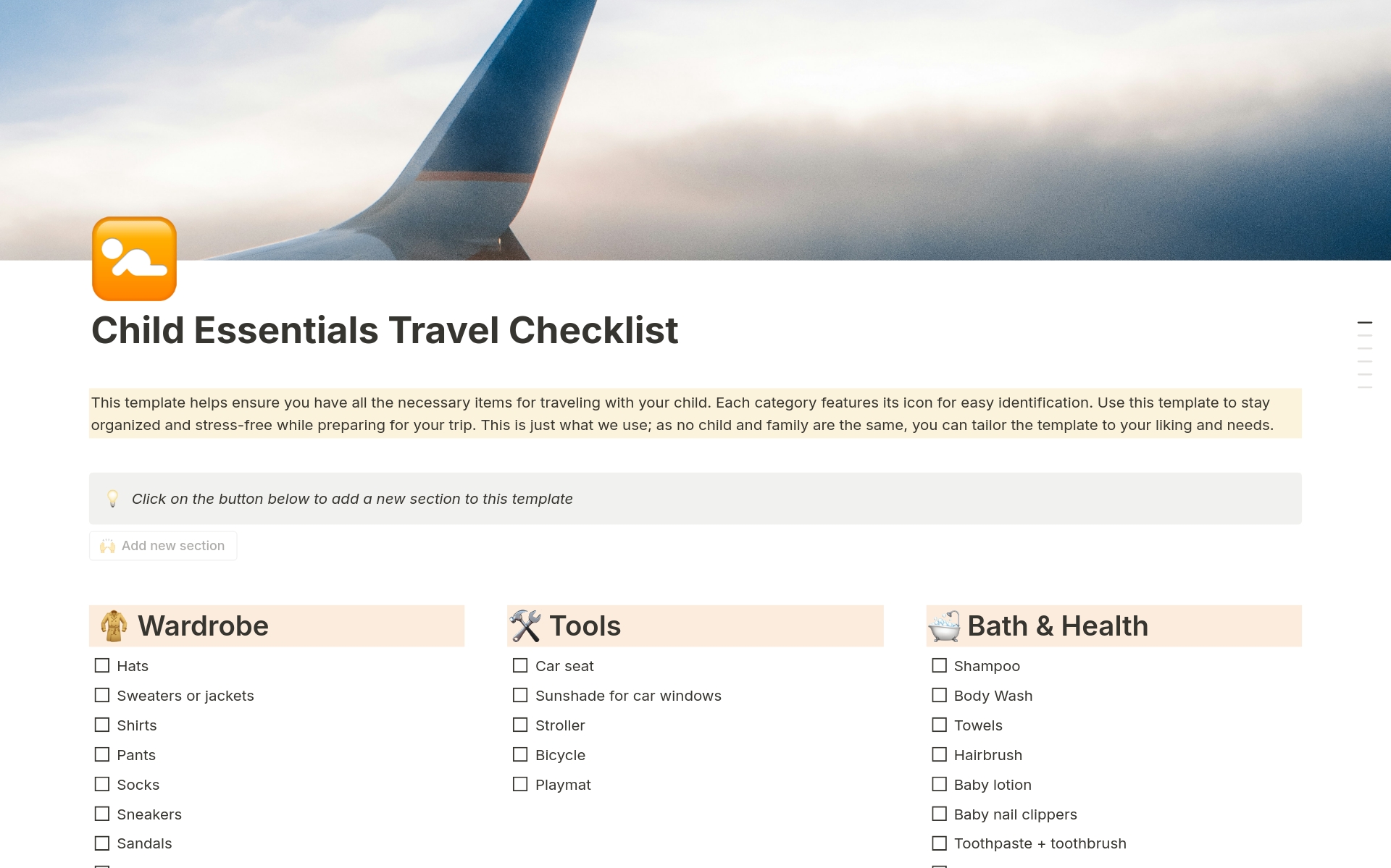 En förhandsgranskning av mallen för Child Essentials Travel Checklist