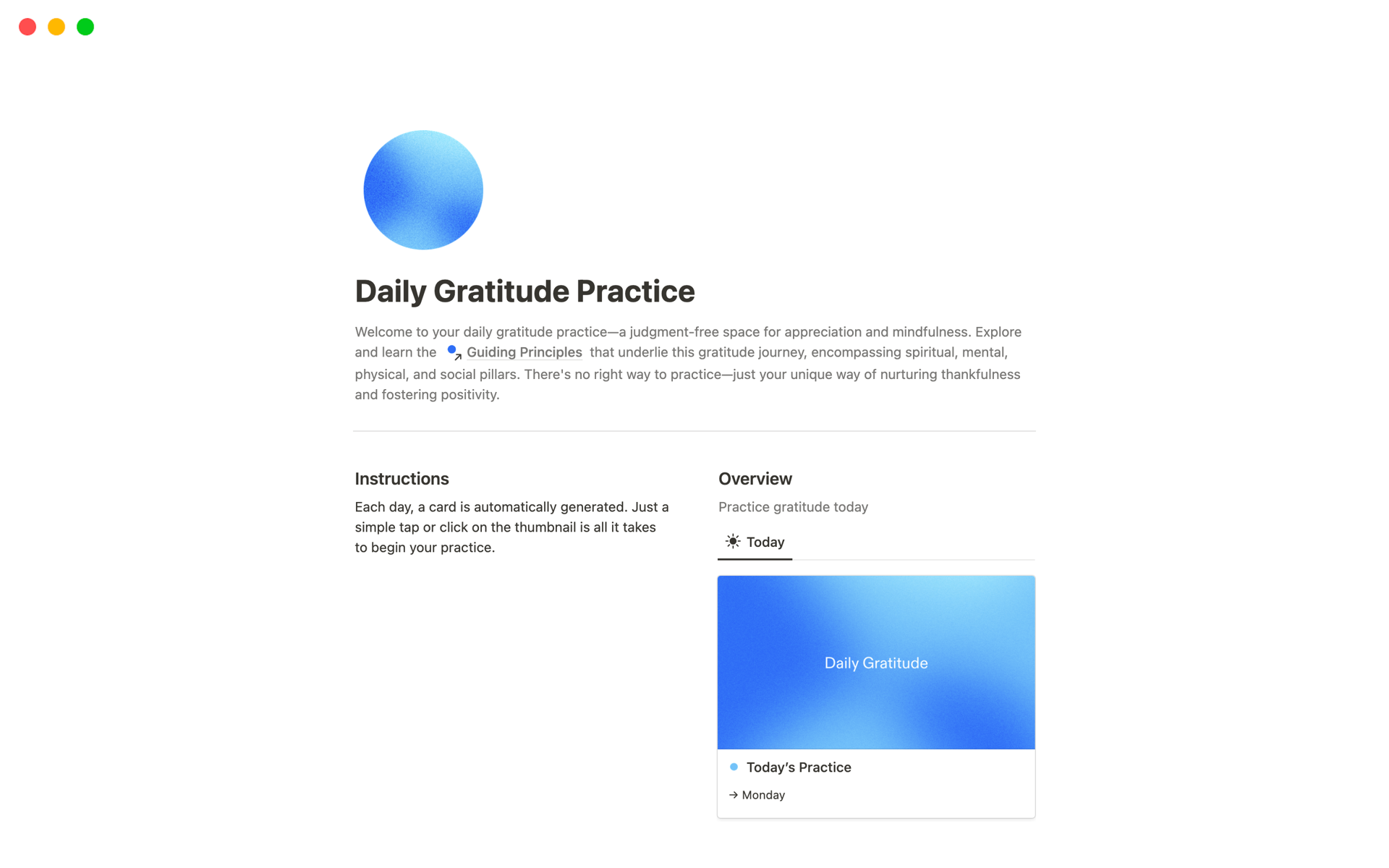 En förhandsgranskning av mallen för Daily Gratitude Practice