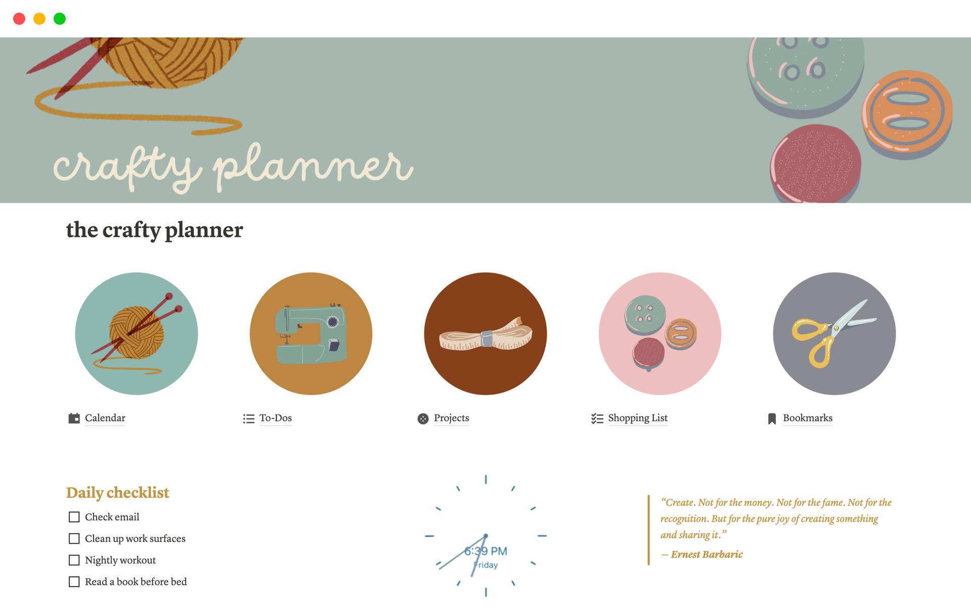 A simple planner for crafters, with themed graphics, a calendar and checklists, and a dedicated page for planning craft projects. 