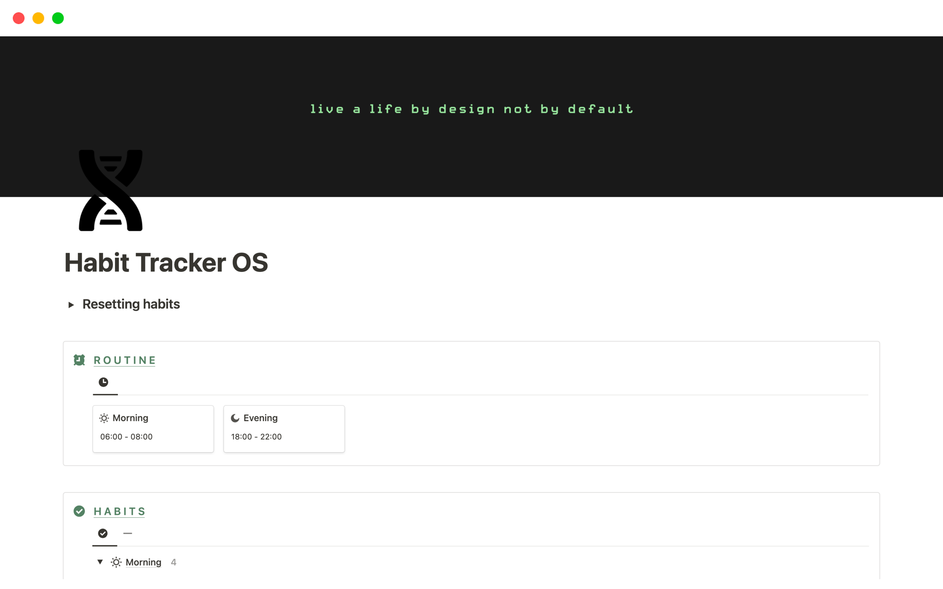Vista previa de plantilla para Habit Tracker OS