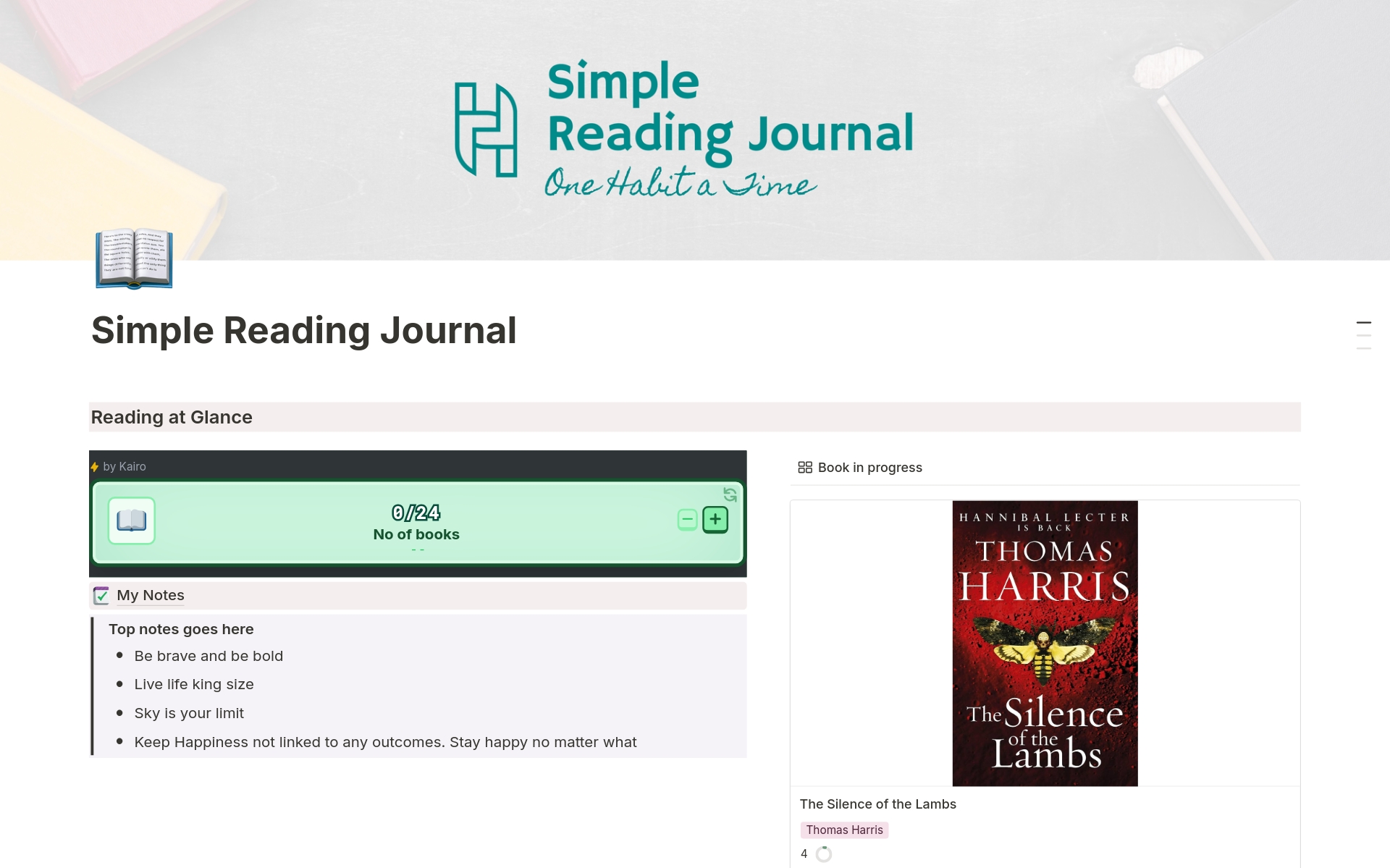 A template preview for Simple Reading Journal