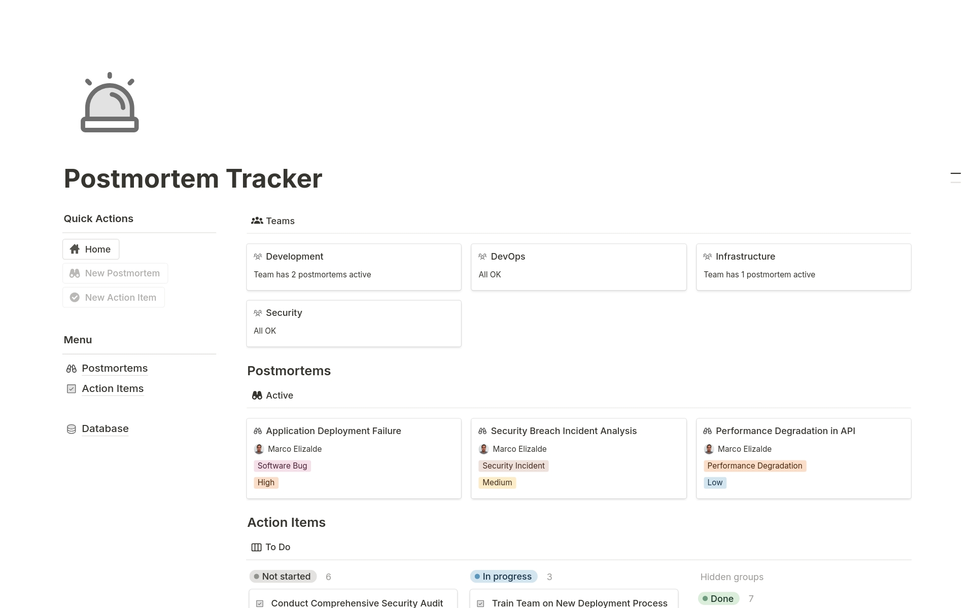 Efficiently manage postmortems, track incidents, and improve team collaboration with comprehensive databases and detailed templates. Perfect for development companies and startups.
