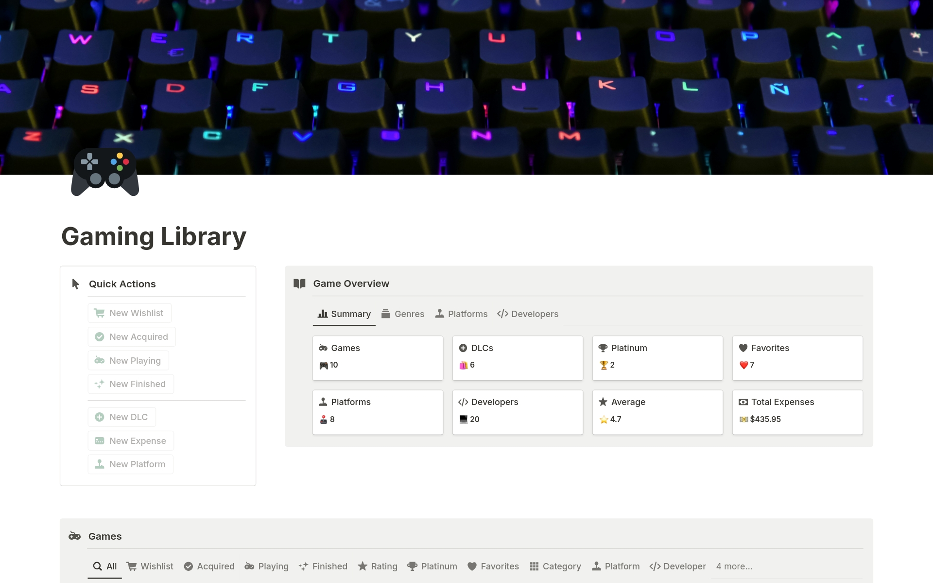 Vista previa de una plantilla para Gaming Library - Video Games Tracker