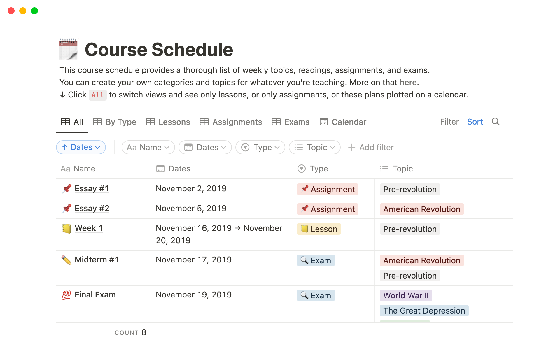 En förhandsgranskning av mallen för Course schedule