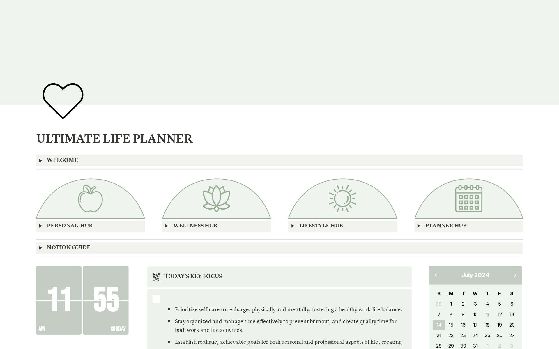 Eine Vorlagenvorschau für Ultimate Life Planner - Sage Green 