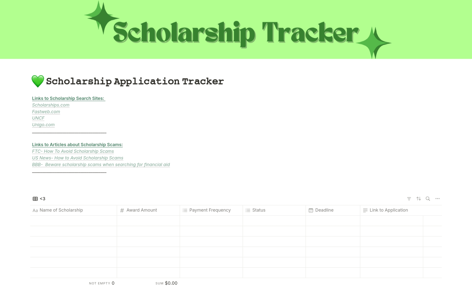 A template preview for Scholarship Application Tracker