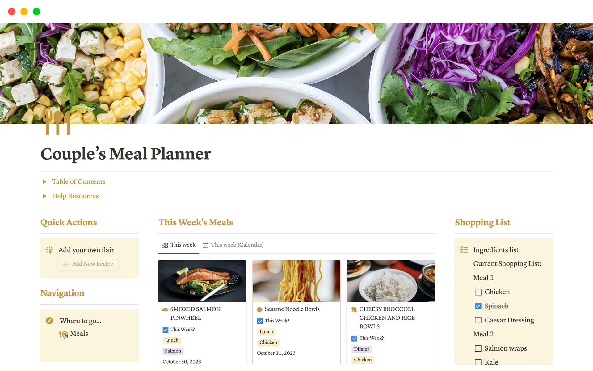 En forhåndsvisning av mal for Couple’s Meal Planner with Cookbook