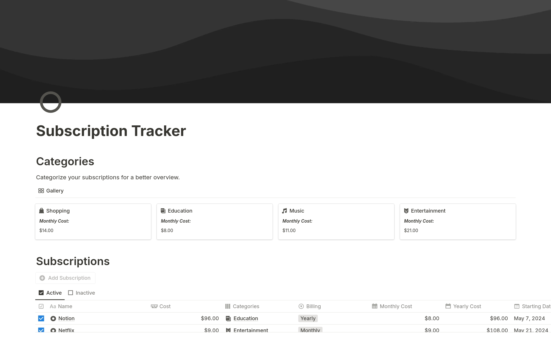 Vista previa de plantilla para Subscription Tracker