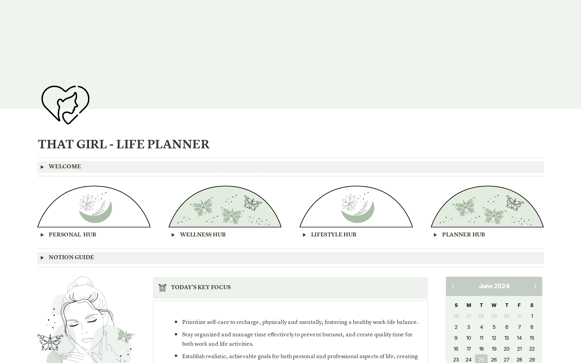 Introducing our That Girl Life Planner in Sage Green, a minimalist aesthetic Notion template that sets a new standard for organization with elegance.