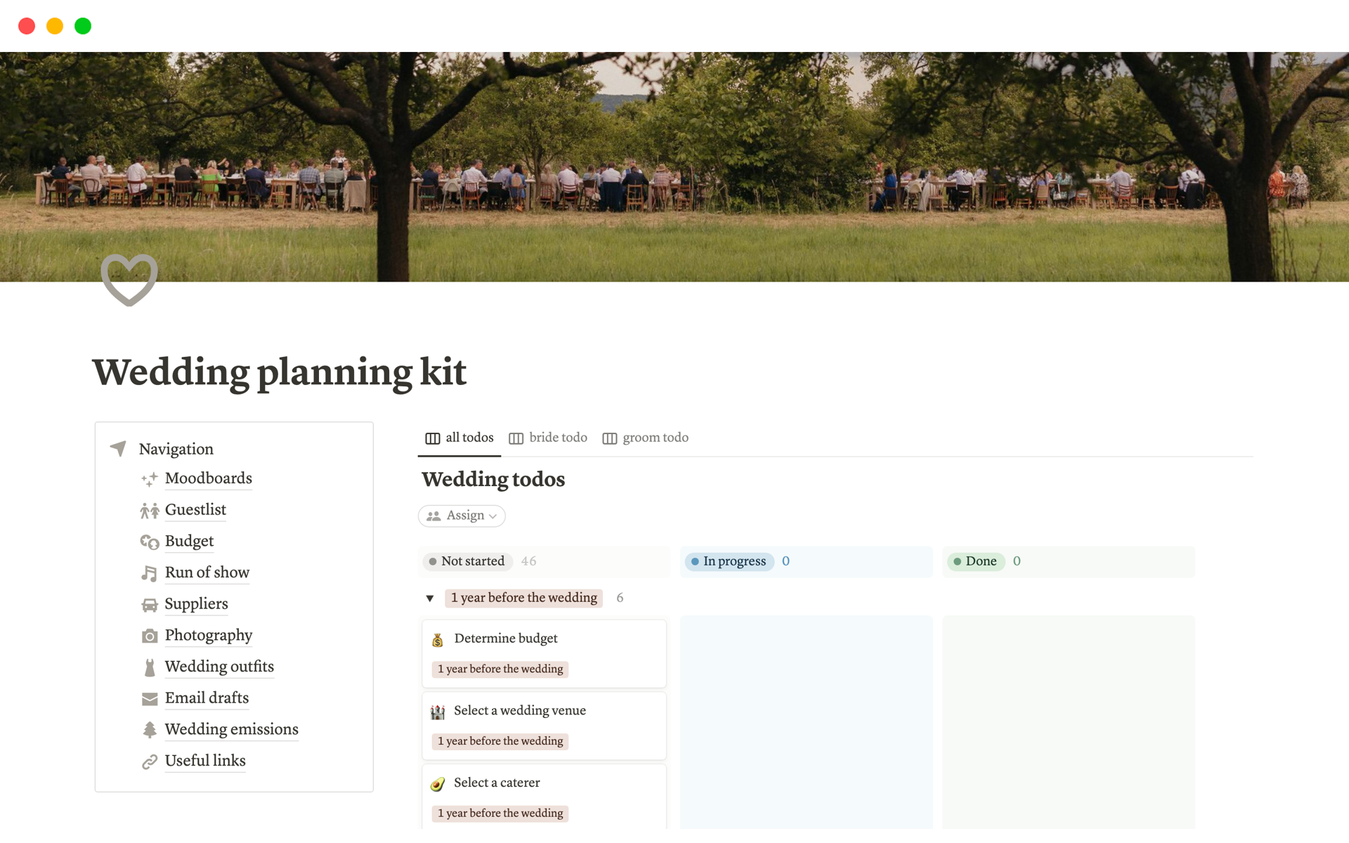 En förhandsgranskning av mallen för Wedding planning kit