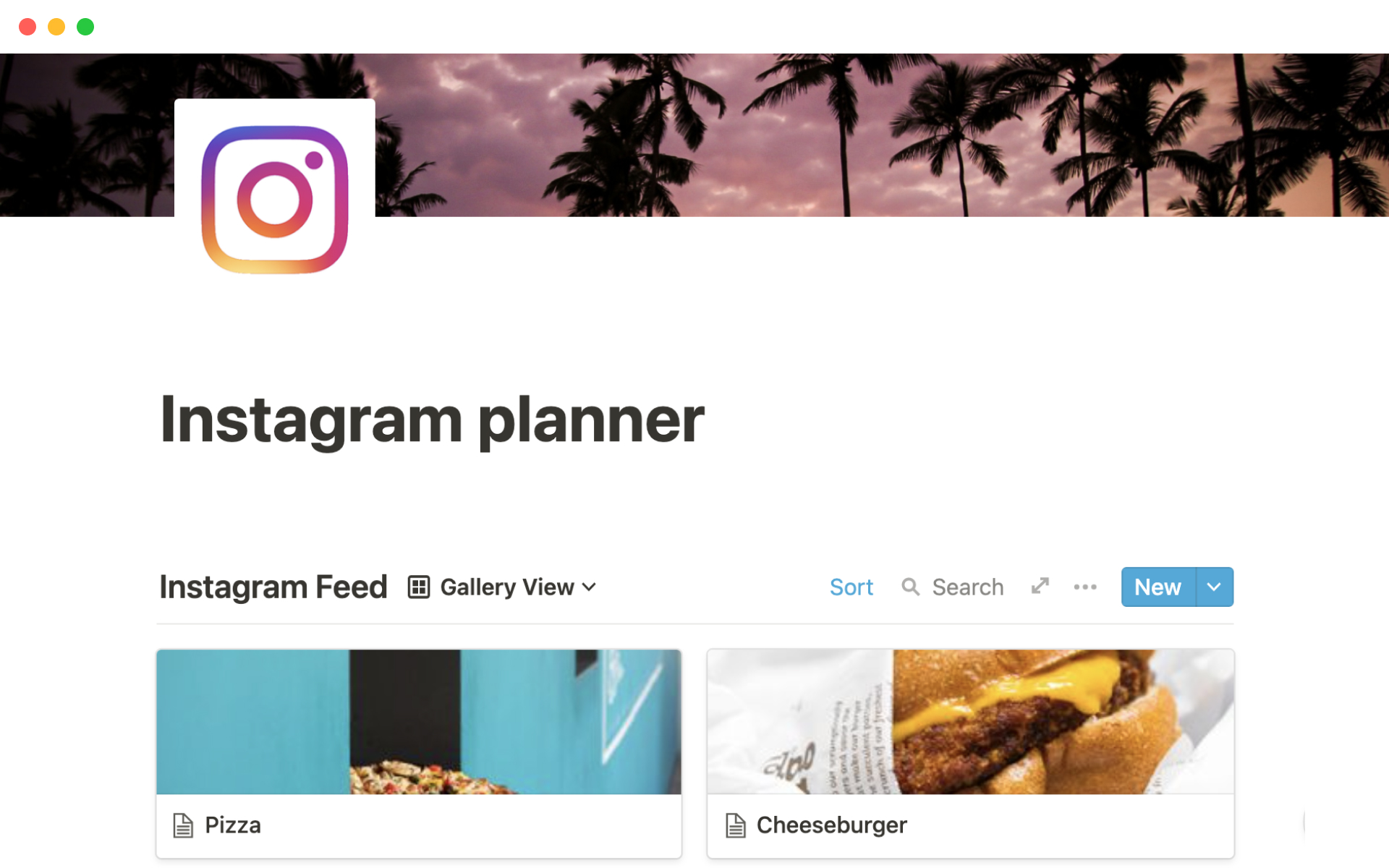 En förhandsgranskning av mallen för Instagram planner