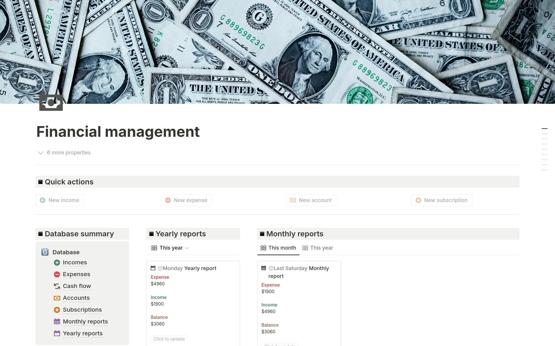 This smart financial management Notion template lets you quickly add and record daily expenses and income. It automatically generates daily cash flow, monthly, and annual reports, providing a clear financial overview. 