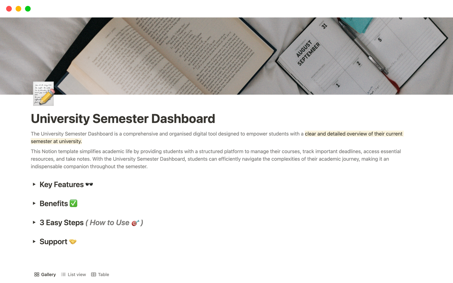 En forhåndsvisning av mal for University Semester Dashboard