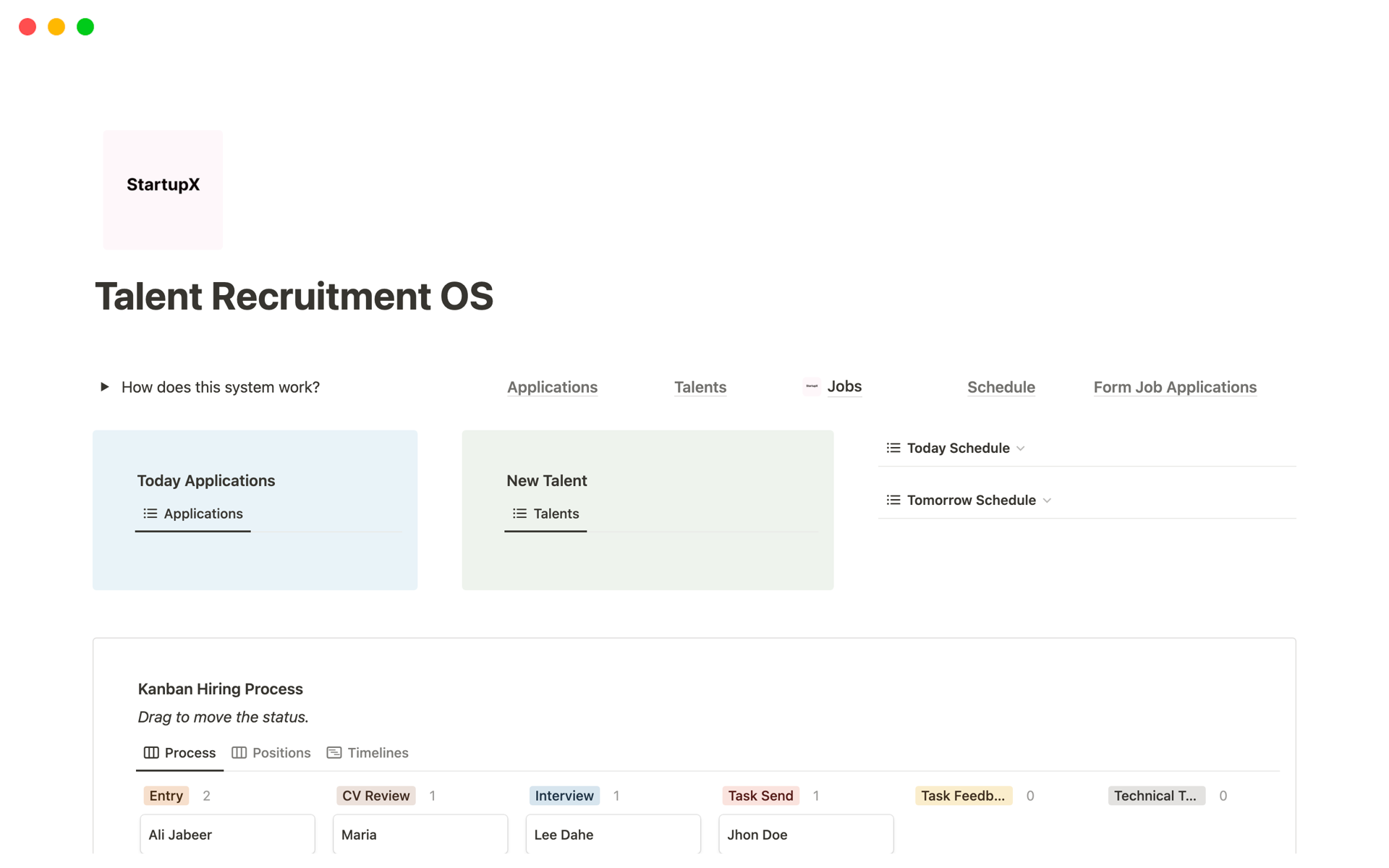 En förhandsgranskning av mallen för Talent Recruitment OS