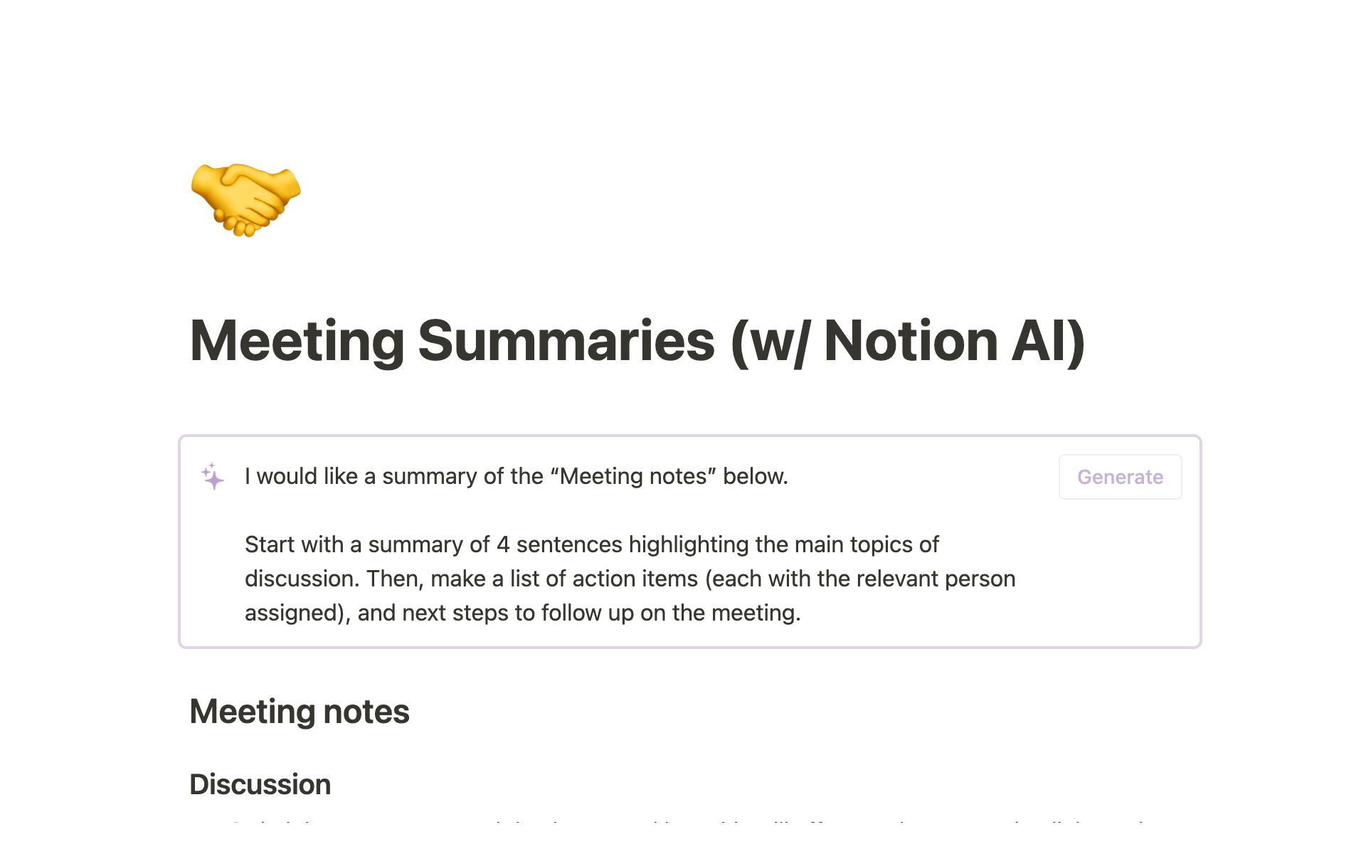 En förhandsgranskning av mallen för AI Meeting Summaries
