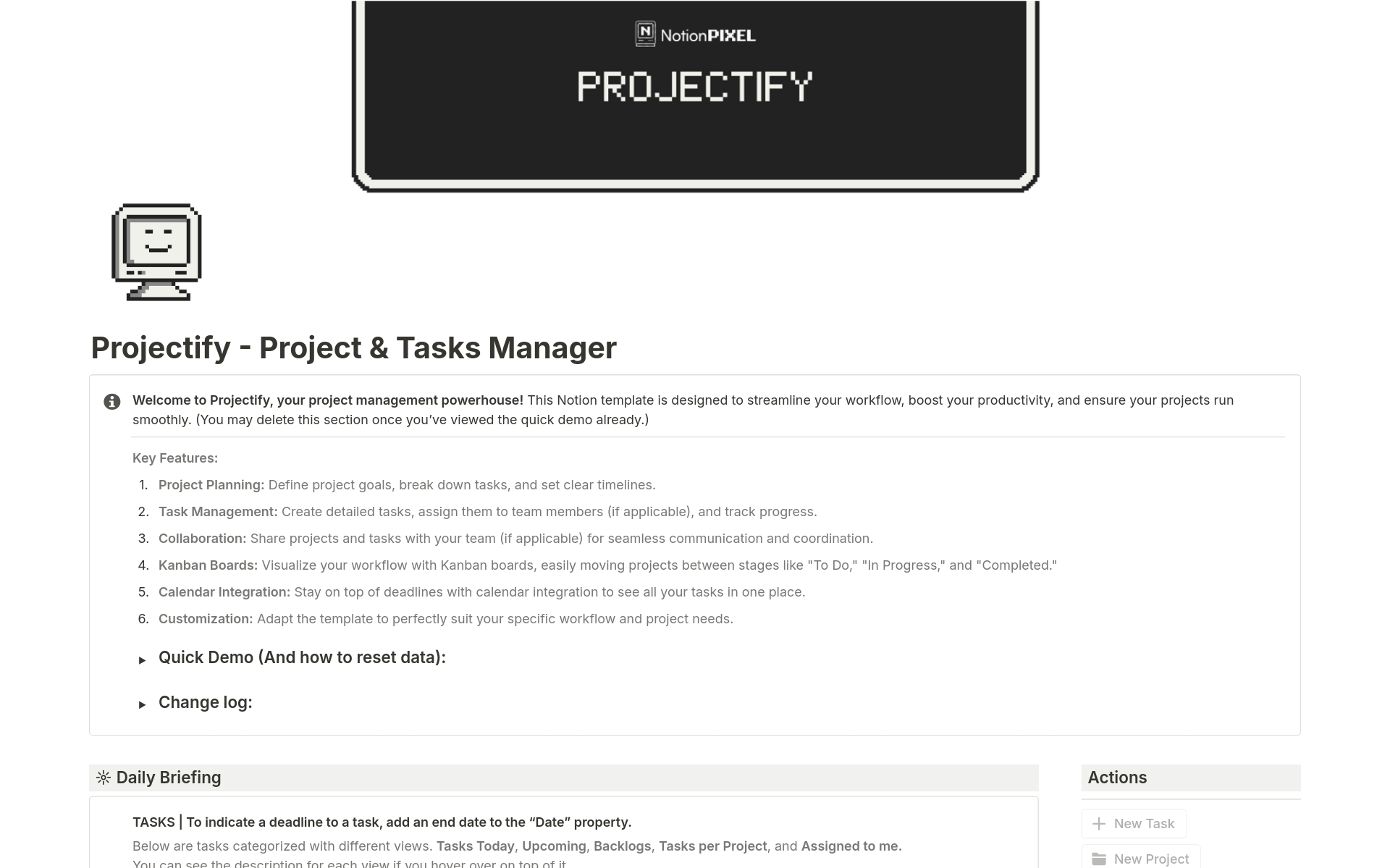 En förhandsgranskning av mallen för Projectify - Project & Tasks Manager