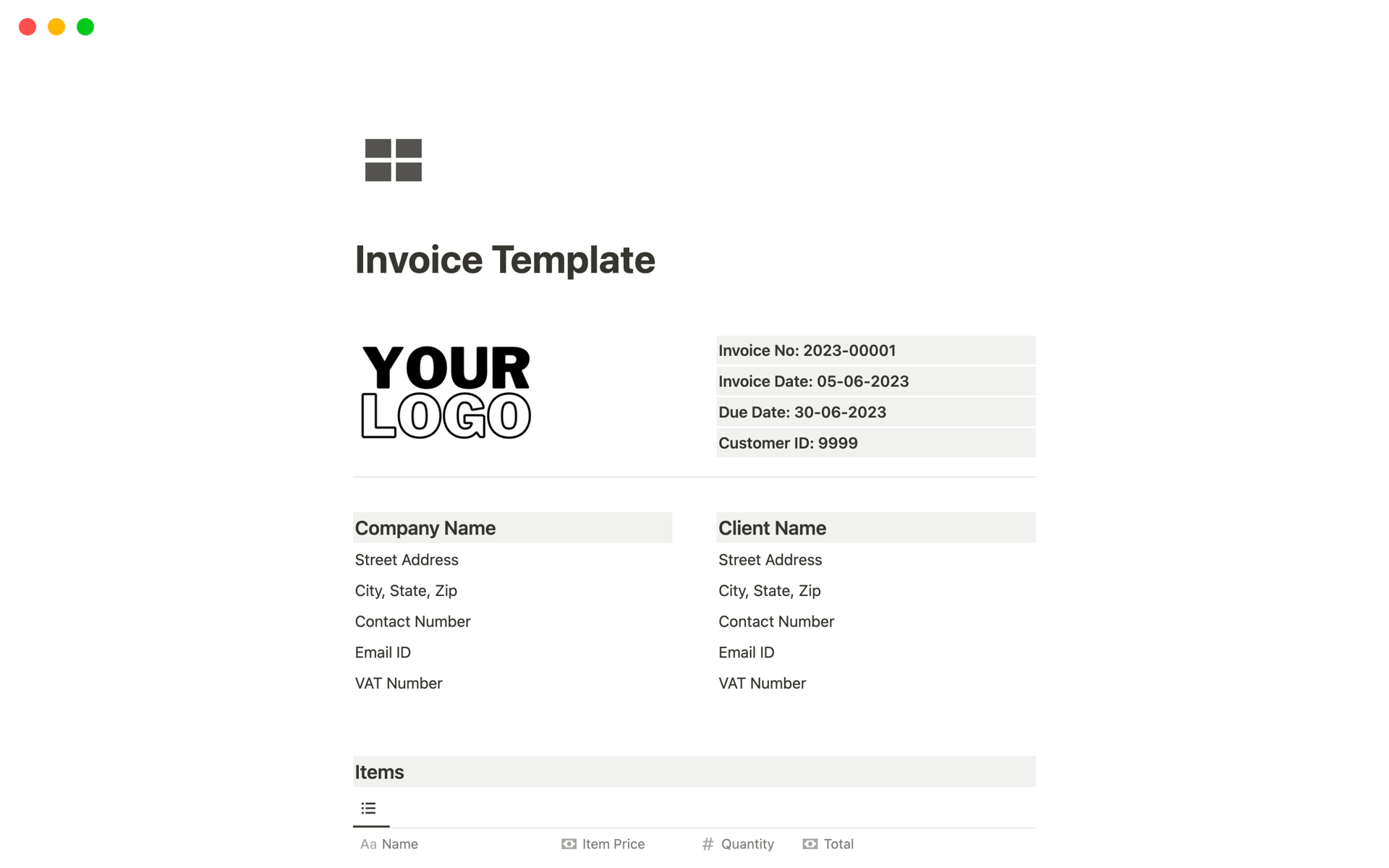 Invoice Template Notion Template