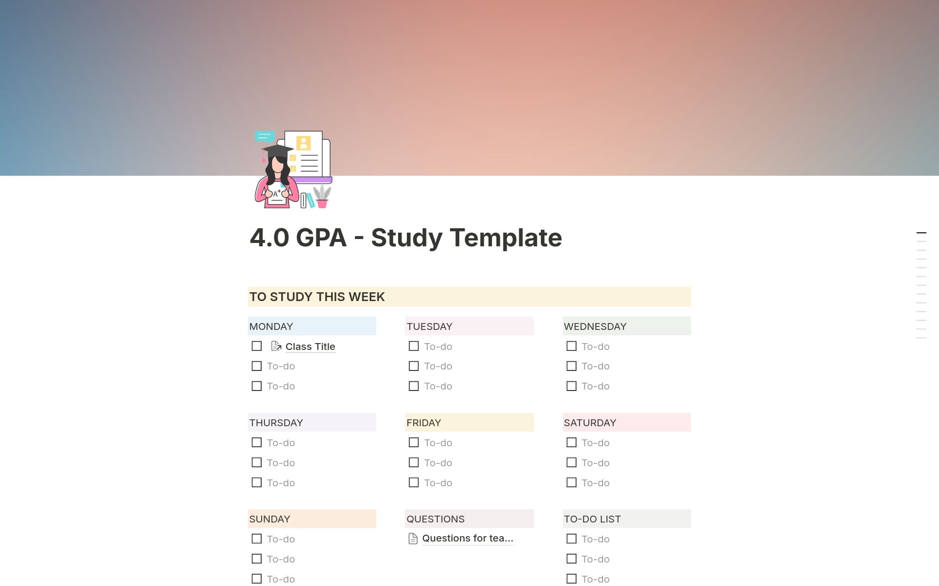 Hi there! I'm Brigid, and I've maintained a 4.0 GPA in my university degree using only this notion study template. No handwritten notes required! Also included is a video sharing how this template works to help you study smarter, not harder, and achieve academic success.  