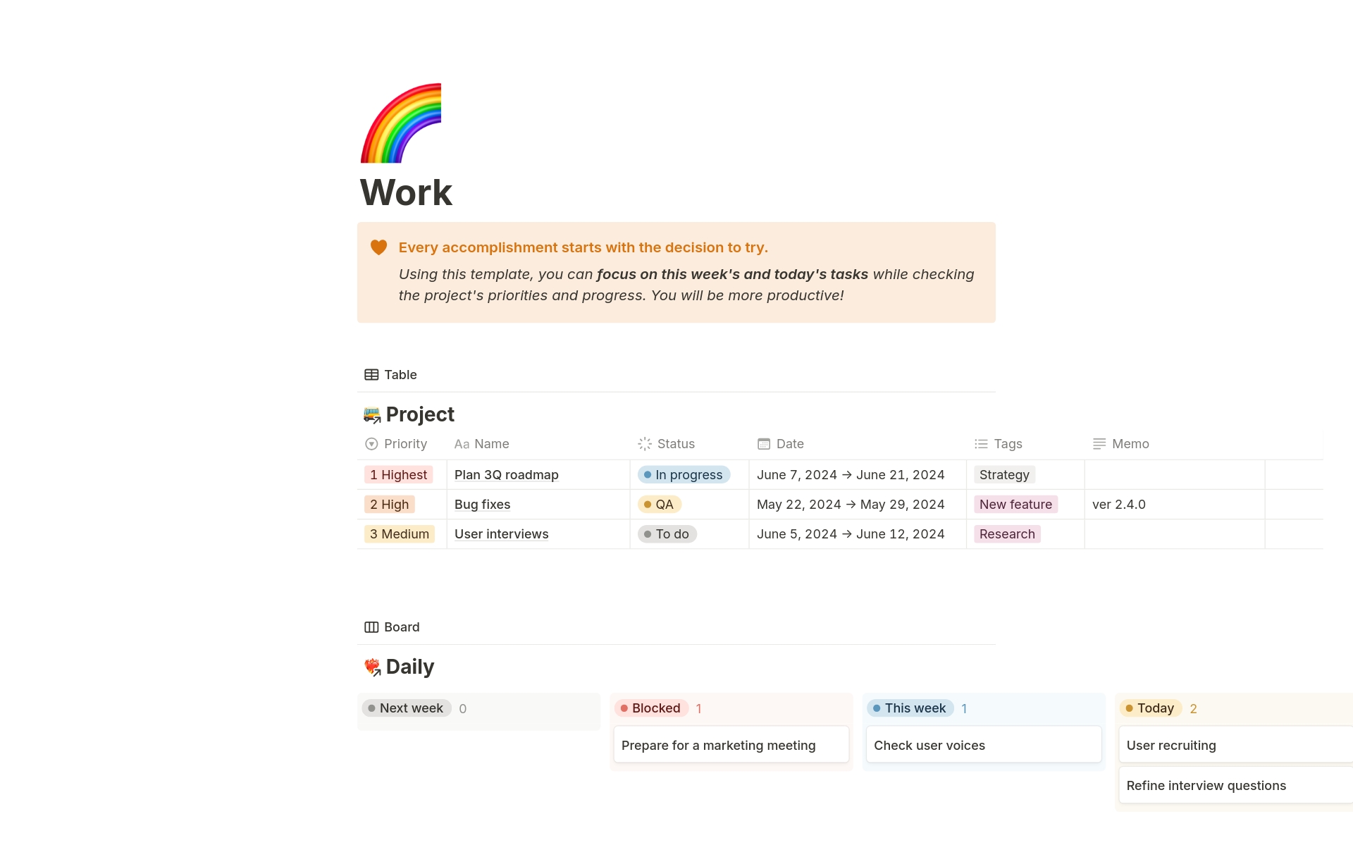 Task Management Template for Product Makers like product managers, designers, engineers. Using this template, you can focus on this week's and today's tasks while checking the project's priorities and progress. You will be more productive!