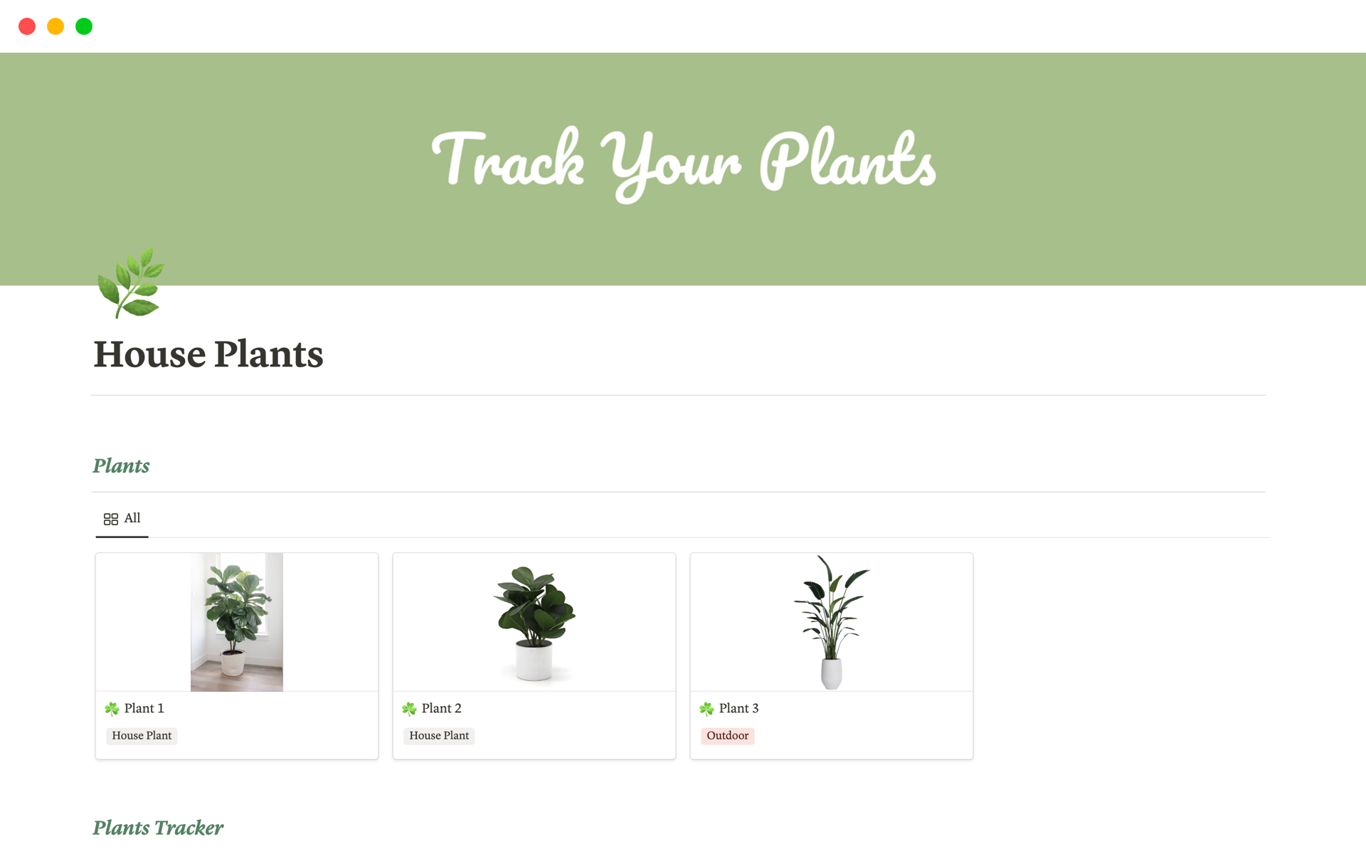 Eine Vorlagenvorschau für House Plants Tracker