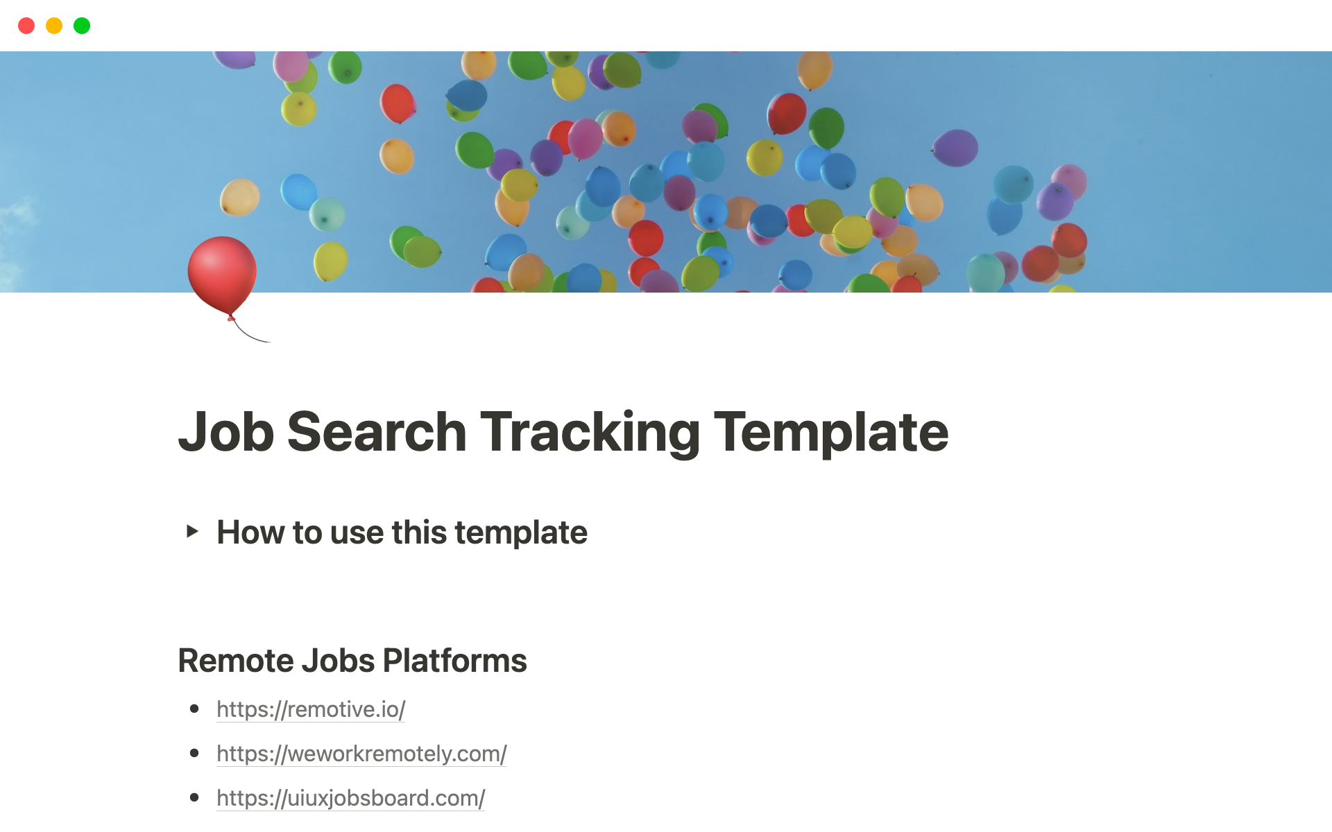 En forhåndsvisning av mal for Job Search Tracking Template